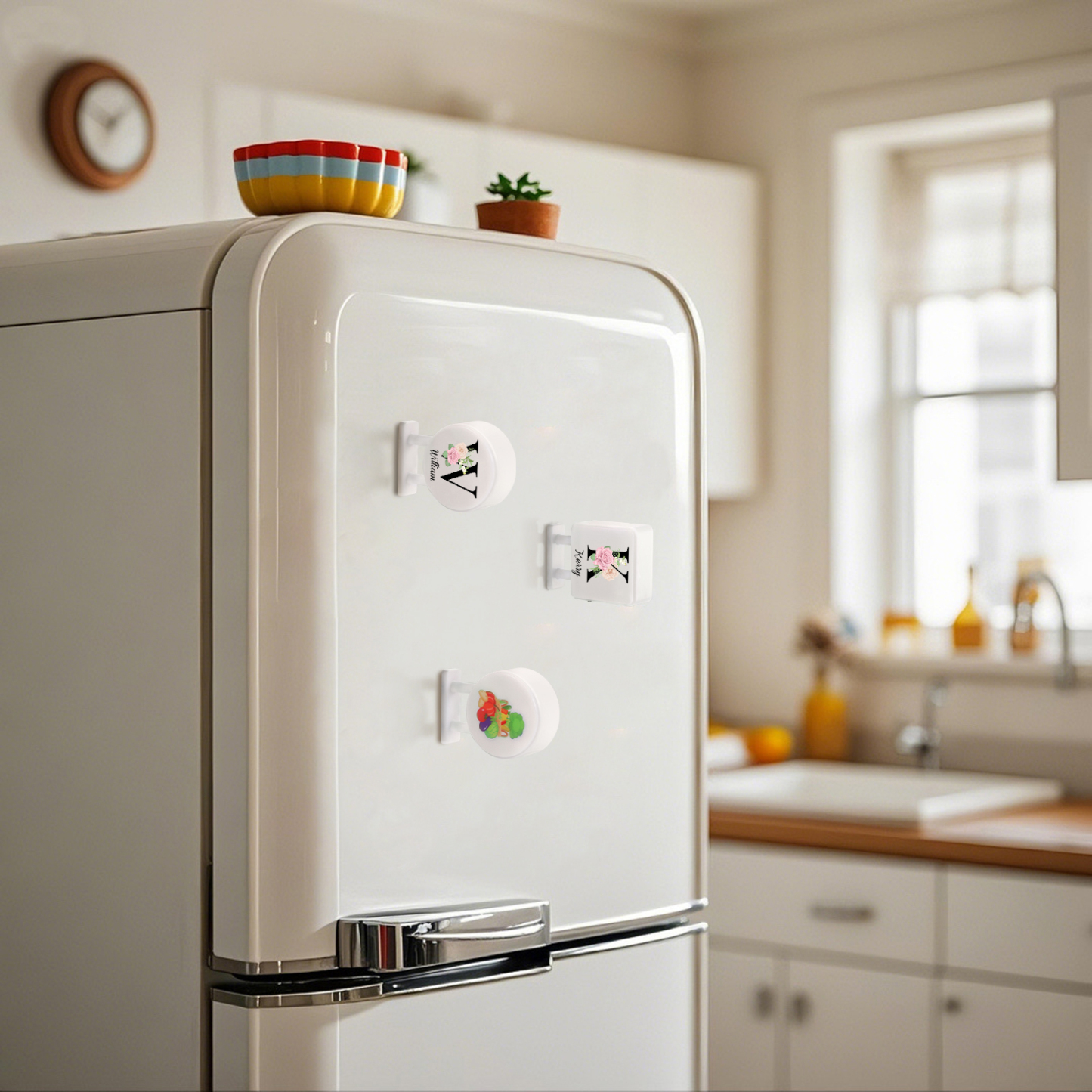 Personalisiertes Buchstabe & Name Runde-Kühlschrankmagnet mit Leuchtfunktion Schöne Blumen