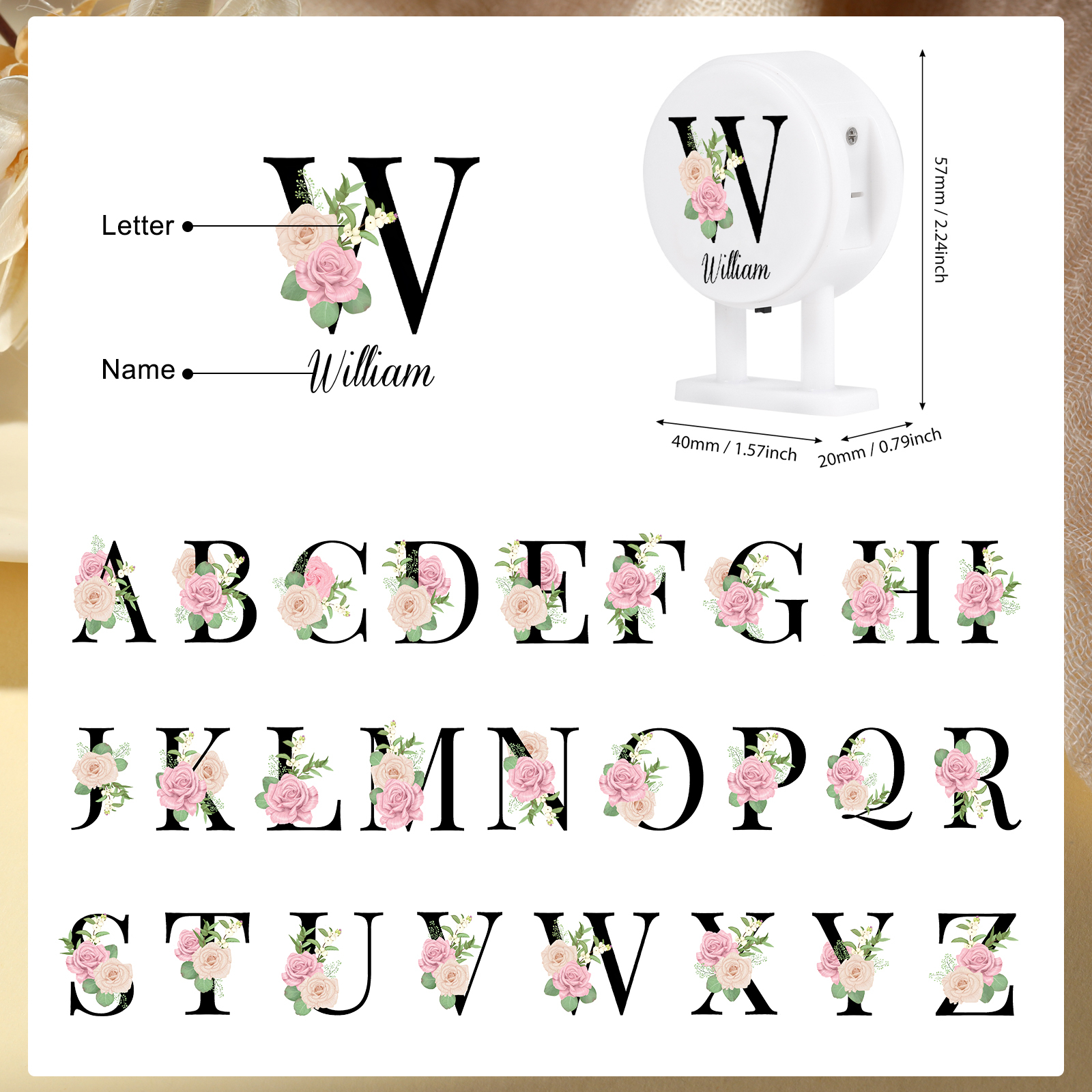 Personalisiertes Buchstabe & Name Runde-Kühlschrankmagnet mit Leuchtfunktion Schöne Blumen