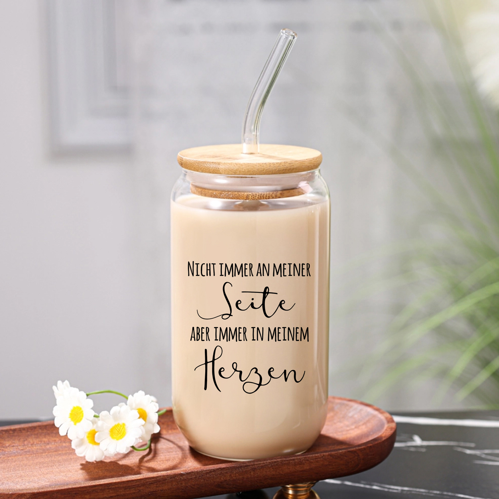 Personalisiertes Foto & 2 Namen & Text Glas-Trinkflasche Glastasse mit Glasstrohhalm für Paar