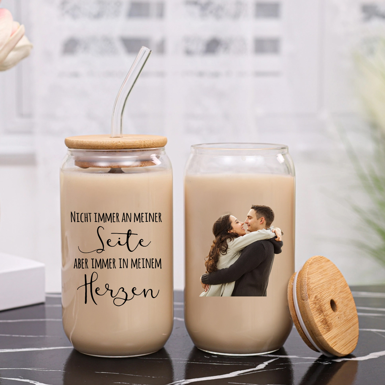 Personalisiertes Foto & 2 Namen & Text Glas-Trinkflasche Glastasse mit