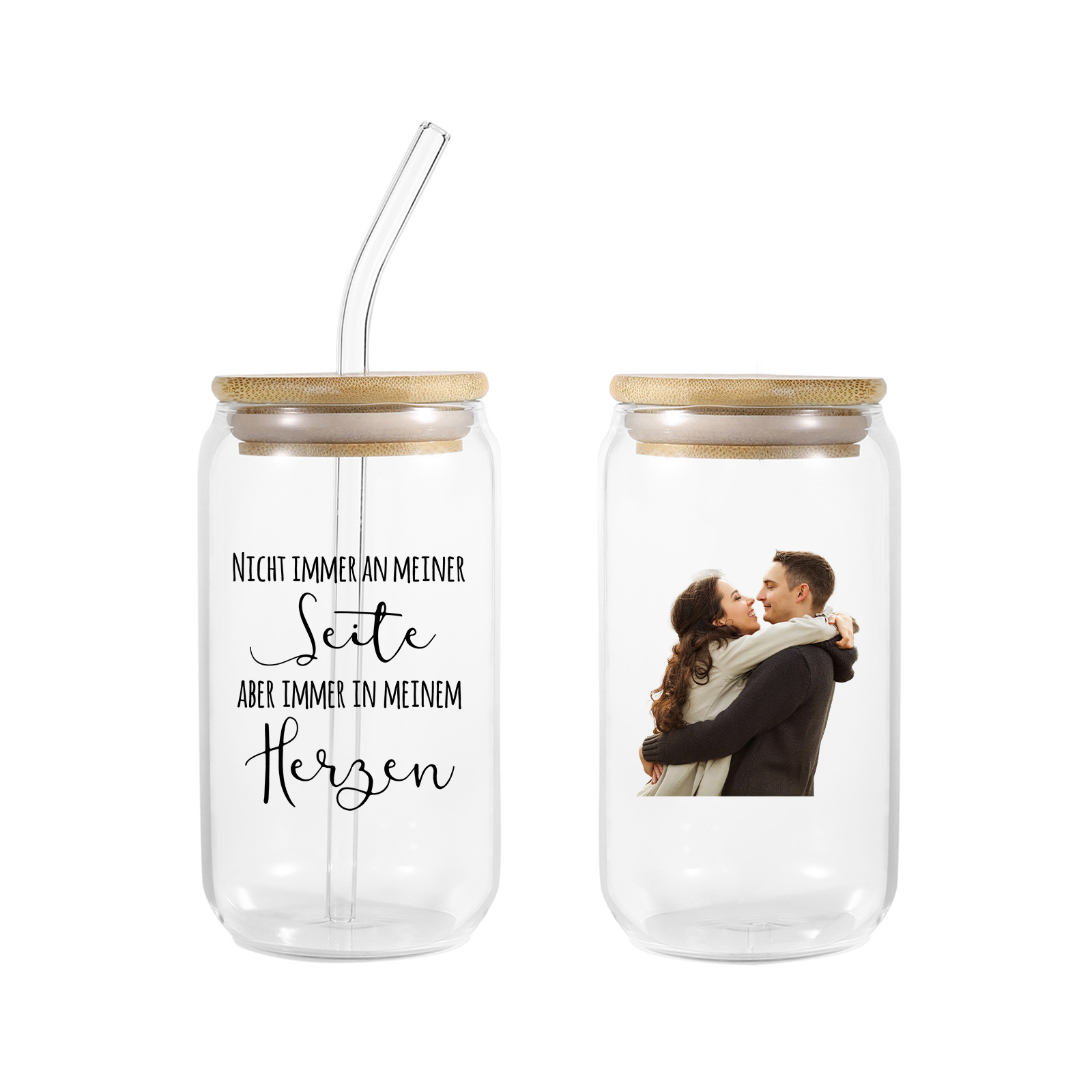 Personalisiertes Foto & 2 Namen & Text Glas-Trinkflasche Glastasse mit Glasstrohhalm für Paar