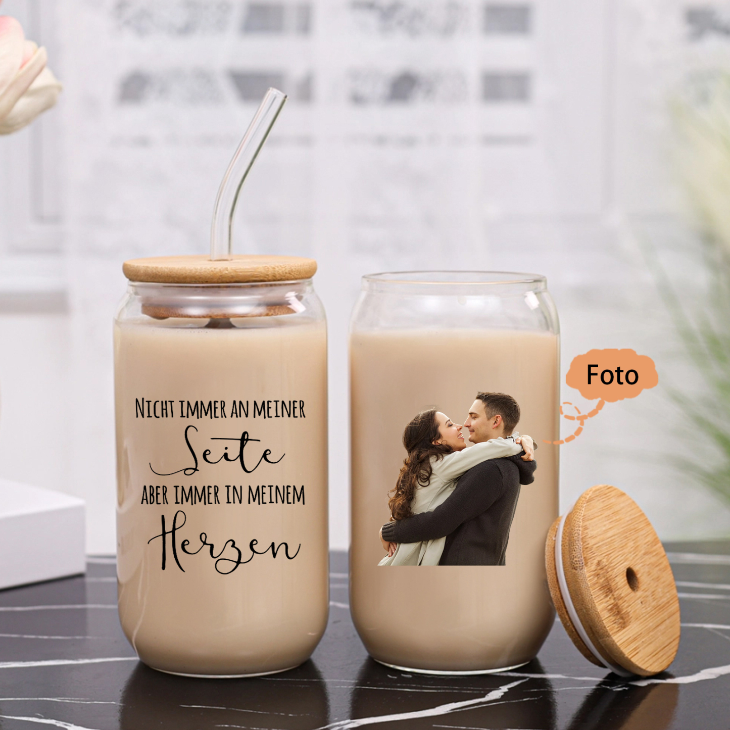 Personalisiertes Foto & 2 Namen & Text Glas-Trinkflasche Glastasse mit Glasstrohhalm für Paar