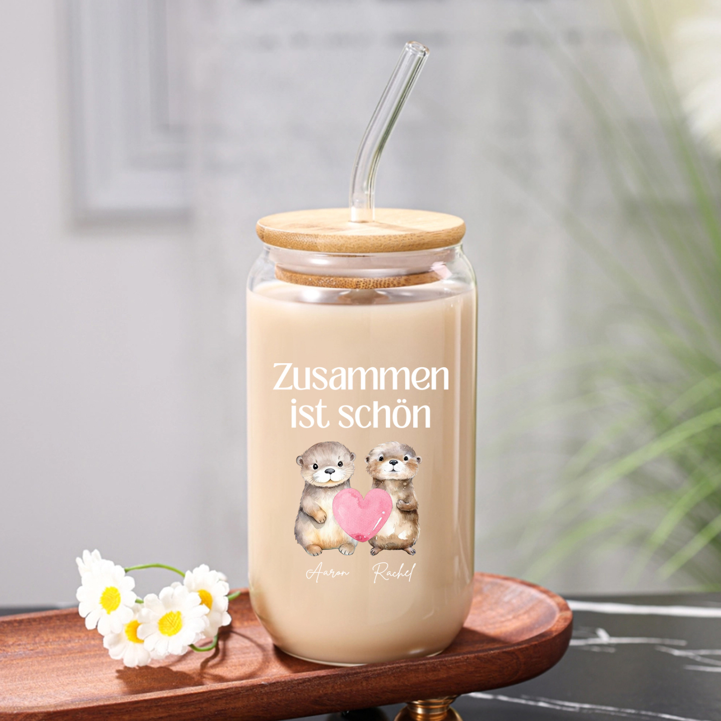 Personalisiertes Foto & Text & 2 Namen Glas-Trinkflasche – Zusammen ist schön – Glastasse mit Glasstrohhalm für Paar