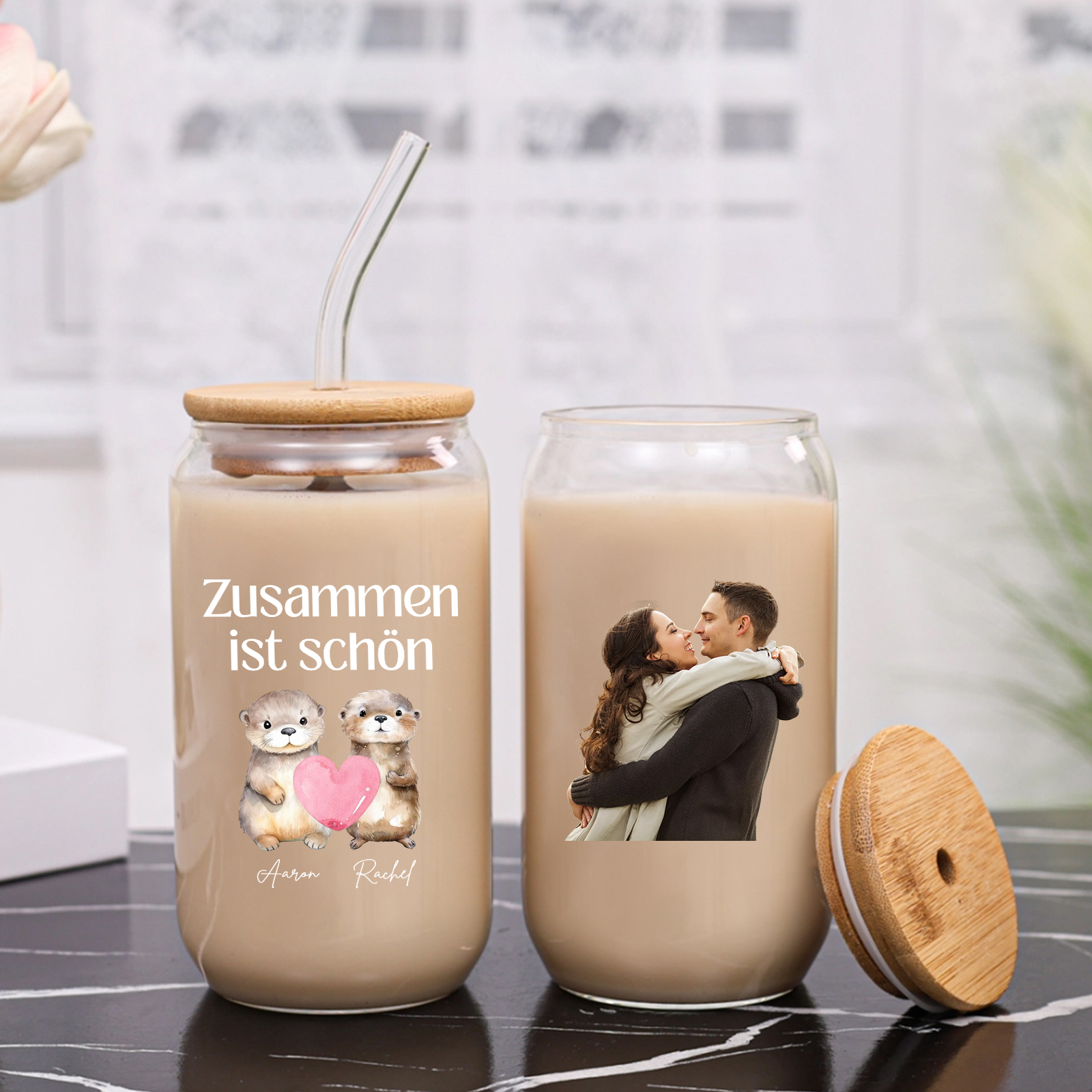 Personalisiertes Foto & Text & 2 Namen Glas-Trinkflasche – Zusammen ist schön – Glastasse mit Glasstrohhalm für Paar