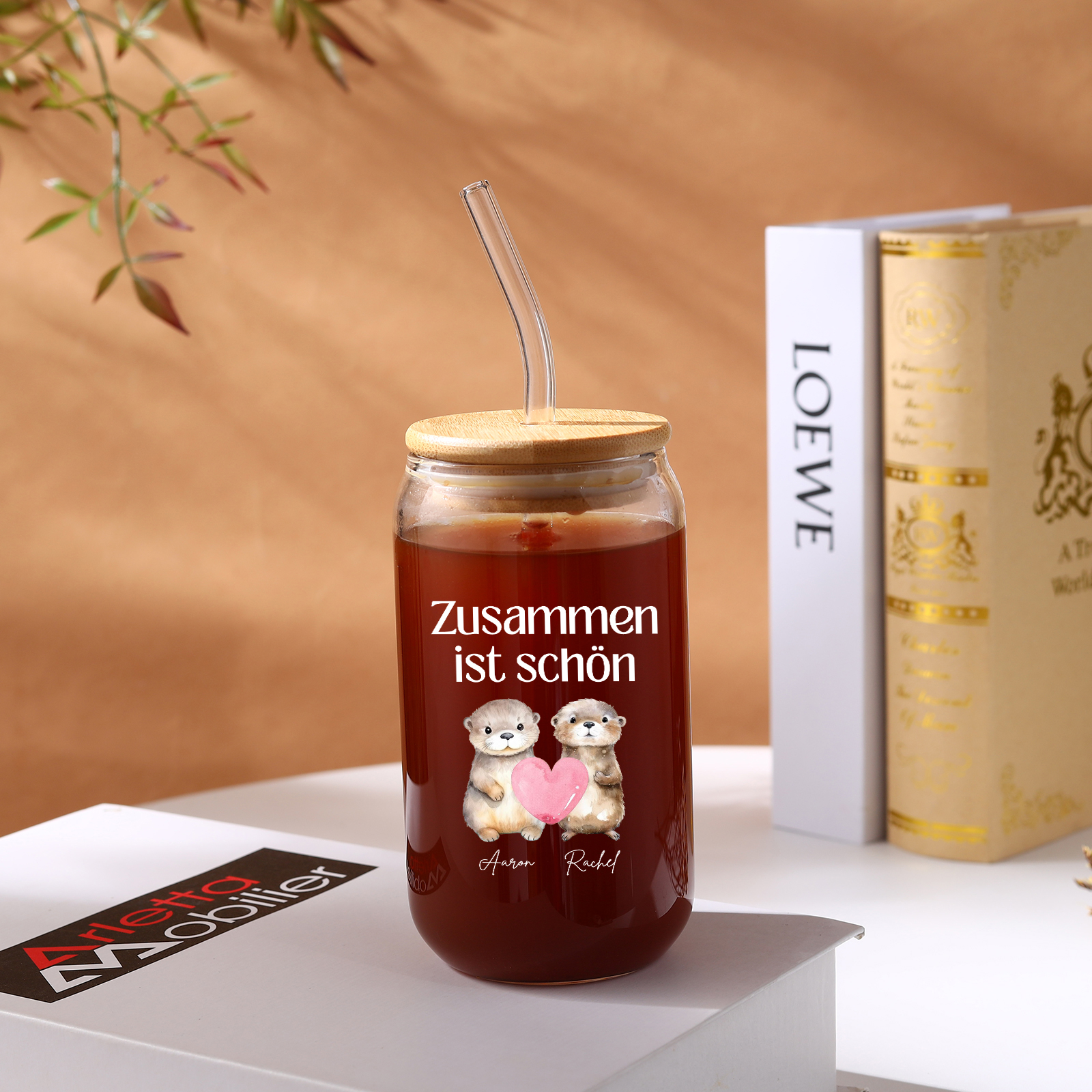 Personalisiertes Foto & Text & 2 Namen Glas-Trinkflasche – Zusammen ist schön – Glastasse mit Glasstrohhalm für Paar
