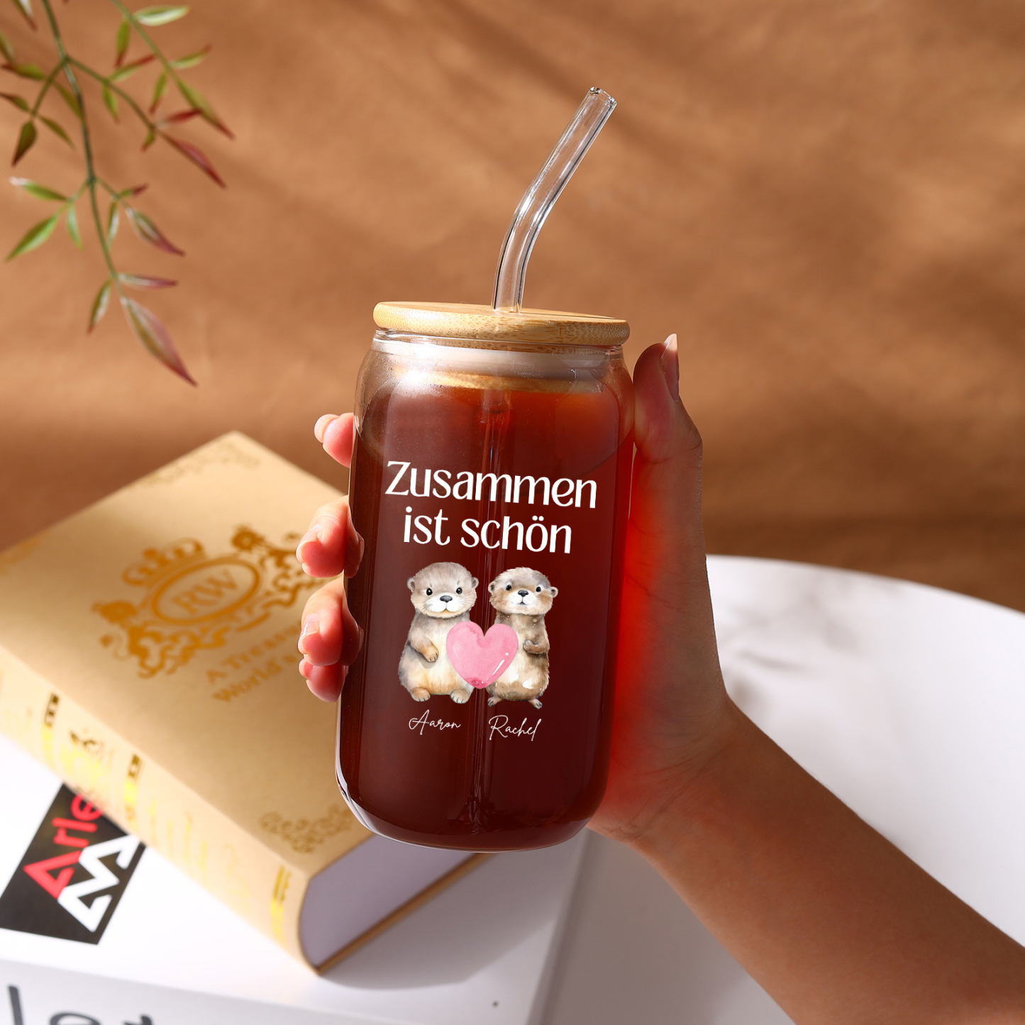 Personalisiertes Foto & Text & 2 Namen Glas-Trinkflasche – Zusammen ist schön – Glastasse mit Glasstrohhalm für Paar