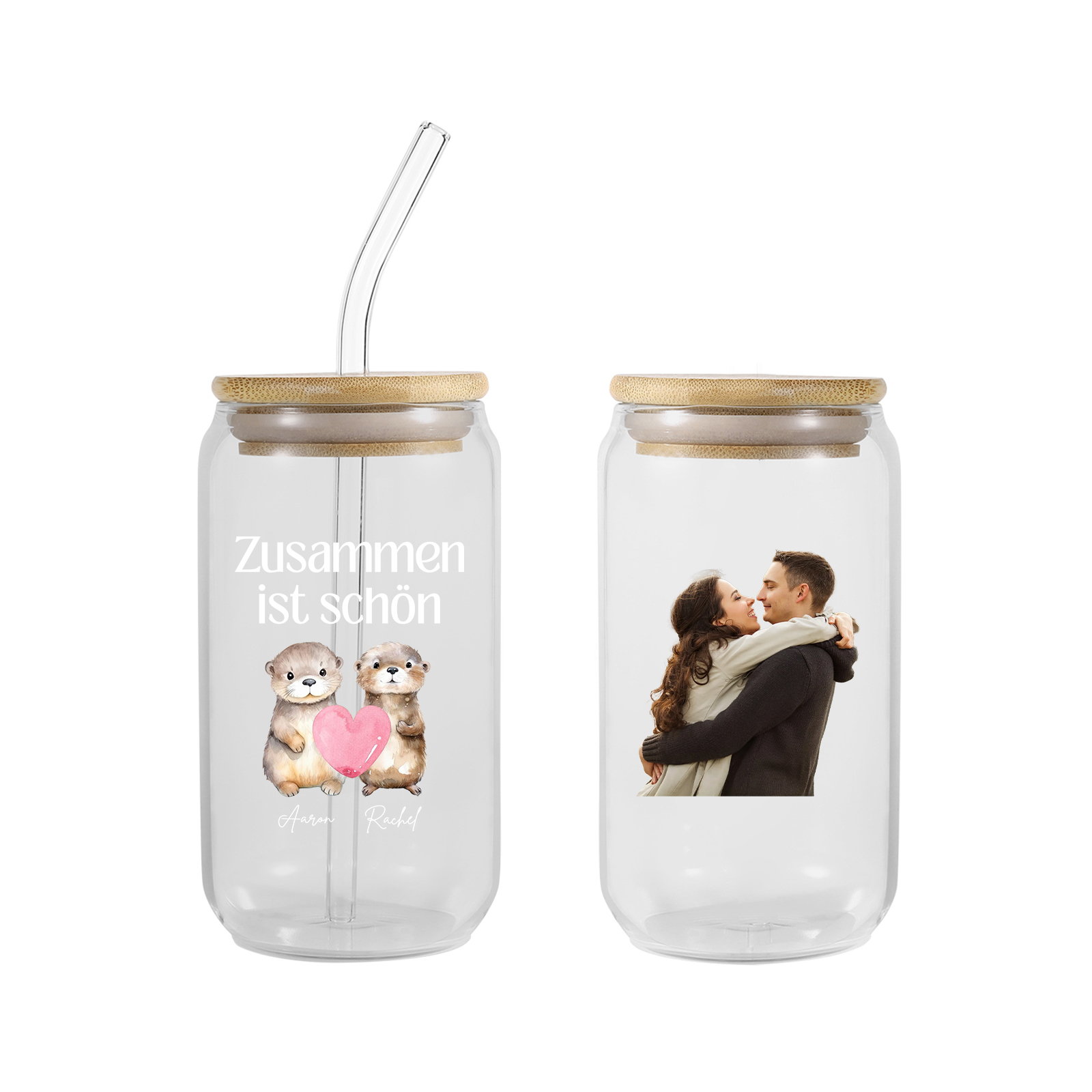Personalisiertes Foto & Text & 2 Namen Glas-Trinkflasche – Zusammen ist schön – Glastasse mit Glasstrohhalm für Paar