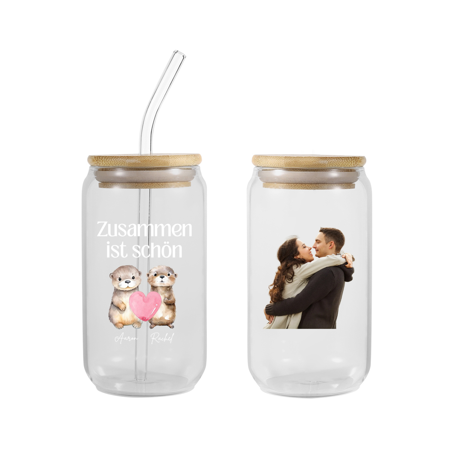 Personalisiertes Foto & Text & 2 Namen Glas-Trinkflasche – Zusammen ist schön – Glastasse mit Glasstrohhalm für Paar