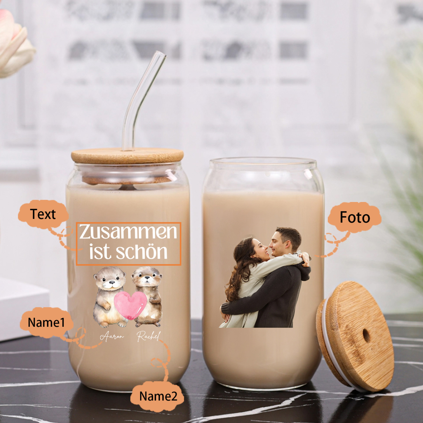 Personalisiertes Foto & Text & 2 Namen Glas-Trinkflasche – Zusammen ist schön – Glastasse mit Glasstrohhalm für Paar