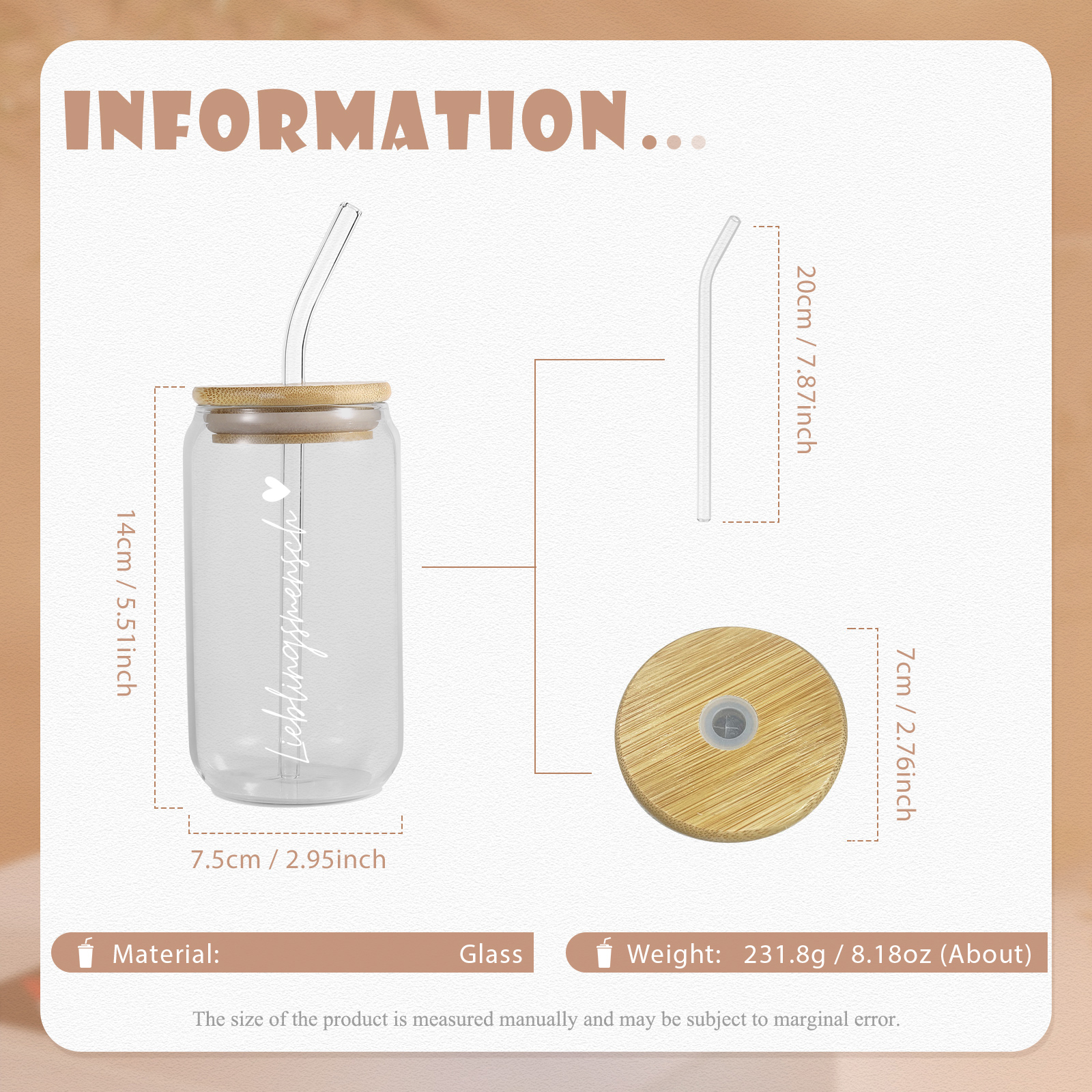 Personalisiertes Foto Glas-Trinkflasche – Lieblingsmensch – Glastasse mit Glasstrohhalm für Paar