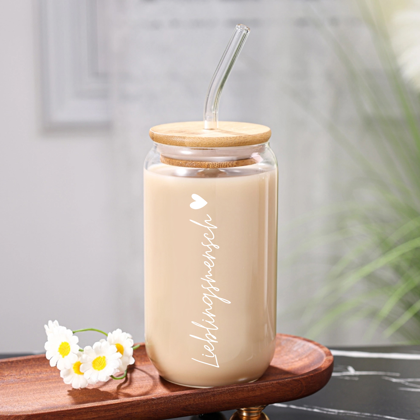 Personalisiertes Foto Glas-Trinkflasche – Lieblingsmensch – Glastasse mit Glasstrohhalm für Paar