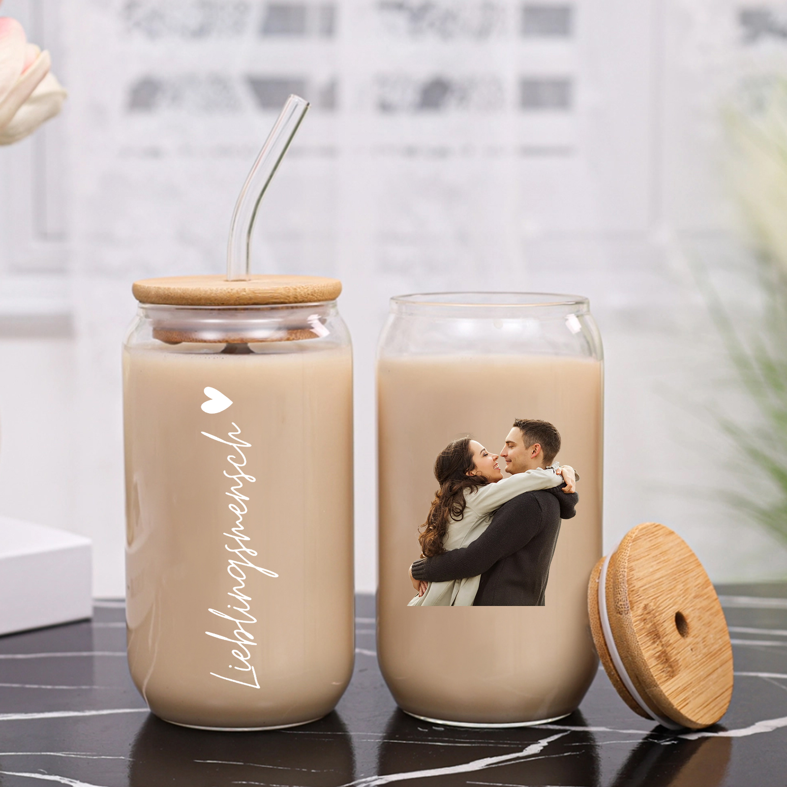 Personalisiertes Foto Glas-Trinkflasche – Lieblingsmensch – Glastasse mit Glasstrohhalm für Paar