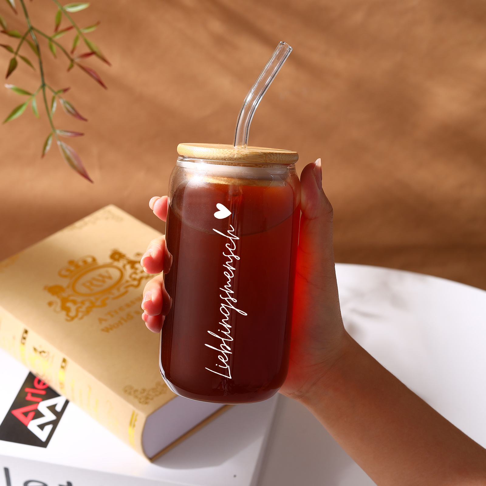 Personalisiertes Foto Glas-Trinkflasche – Lieblingsmensch – Glastasse mit Glasstrohhalm für Paar