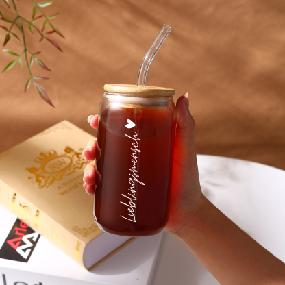 Personalisiertes Foto Glas-Trinkflasche – Lieblingsmensch – Glastasse mit Glasstrohhalm für Paar