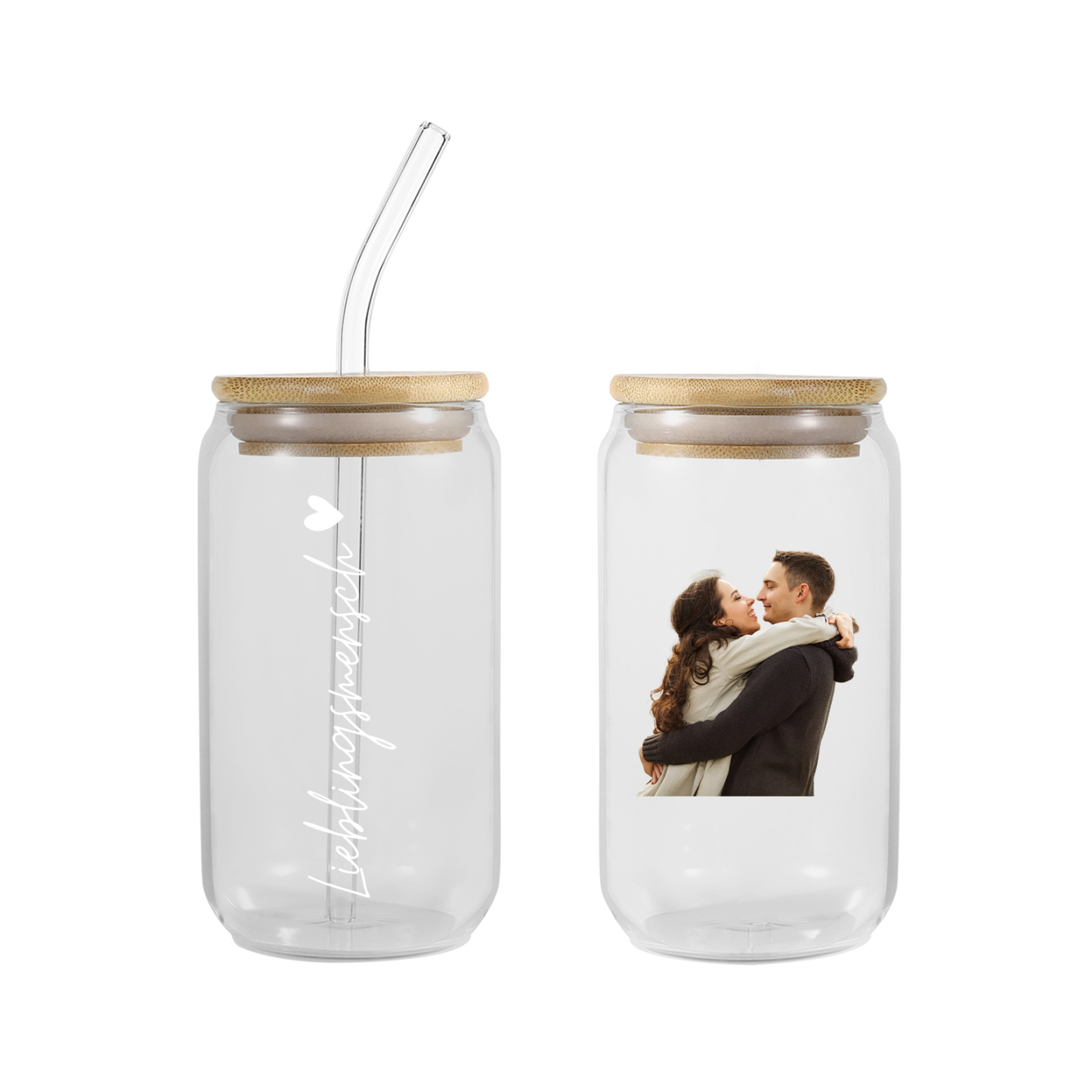 Personalisiertes Foto Glas-Trinkflasche – Lieblingsmensch – Glastasse mit Glasstrohhalm für Paar
