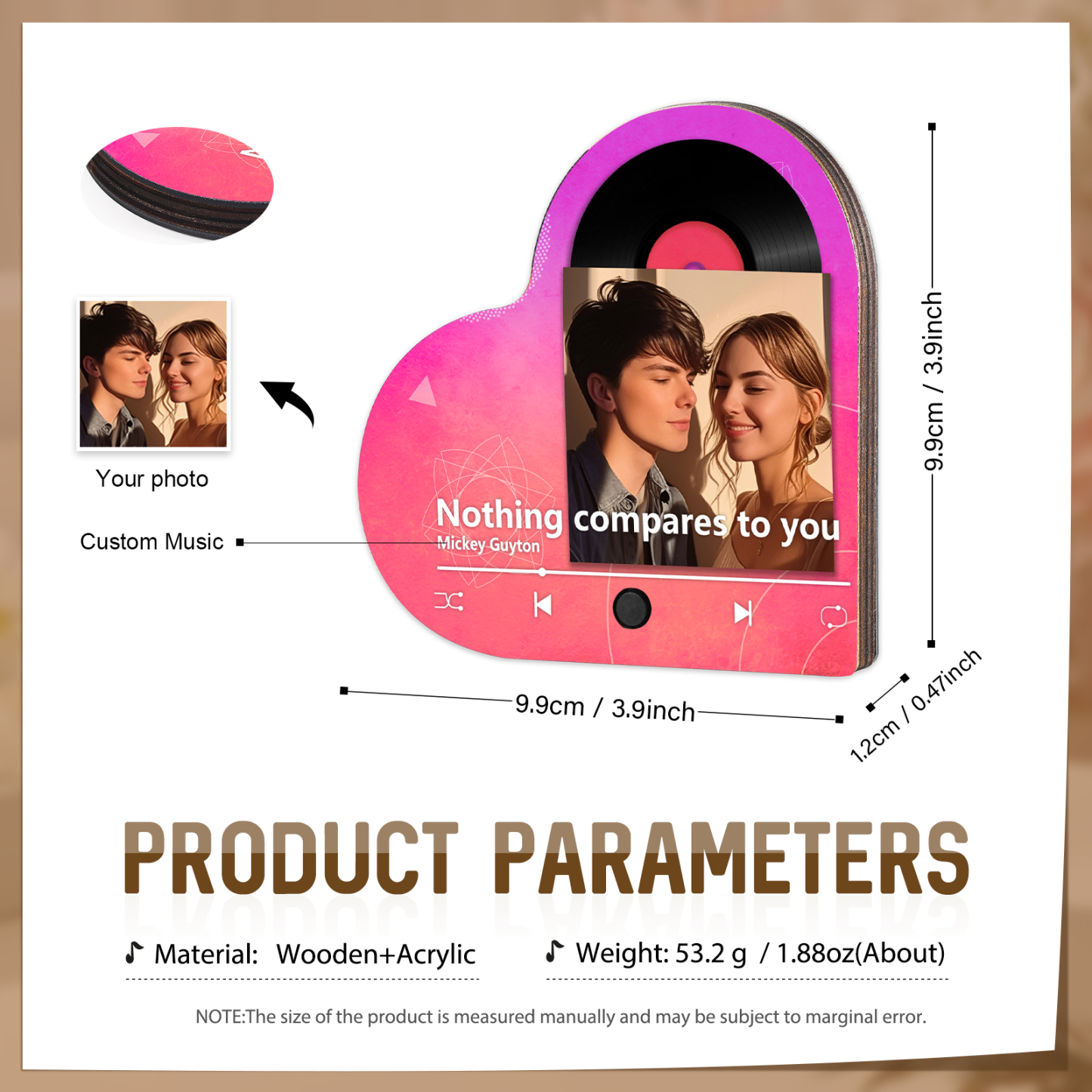Personalisiertes 1 Foto & Lied Acryl Herz Musik-Kühlschrankmagnet in 4 Stile – Geschenk für Paar