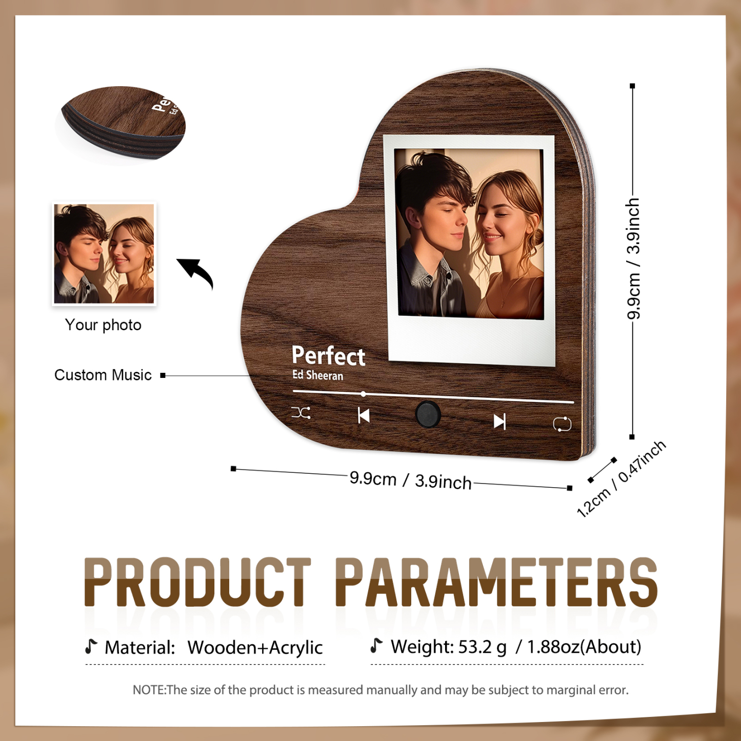 Personalisiertes 1 Foto & Lied Acryl Herz Musik-Kühlschrankmagnet in 4 Stile – Geschenk für Paar