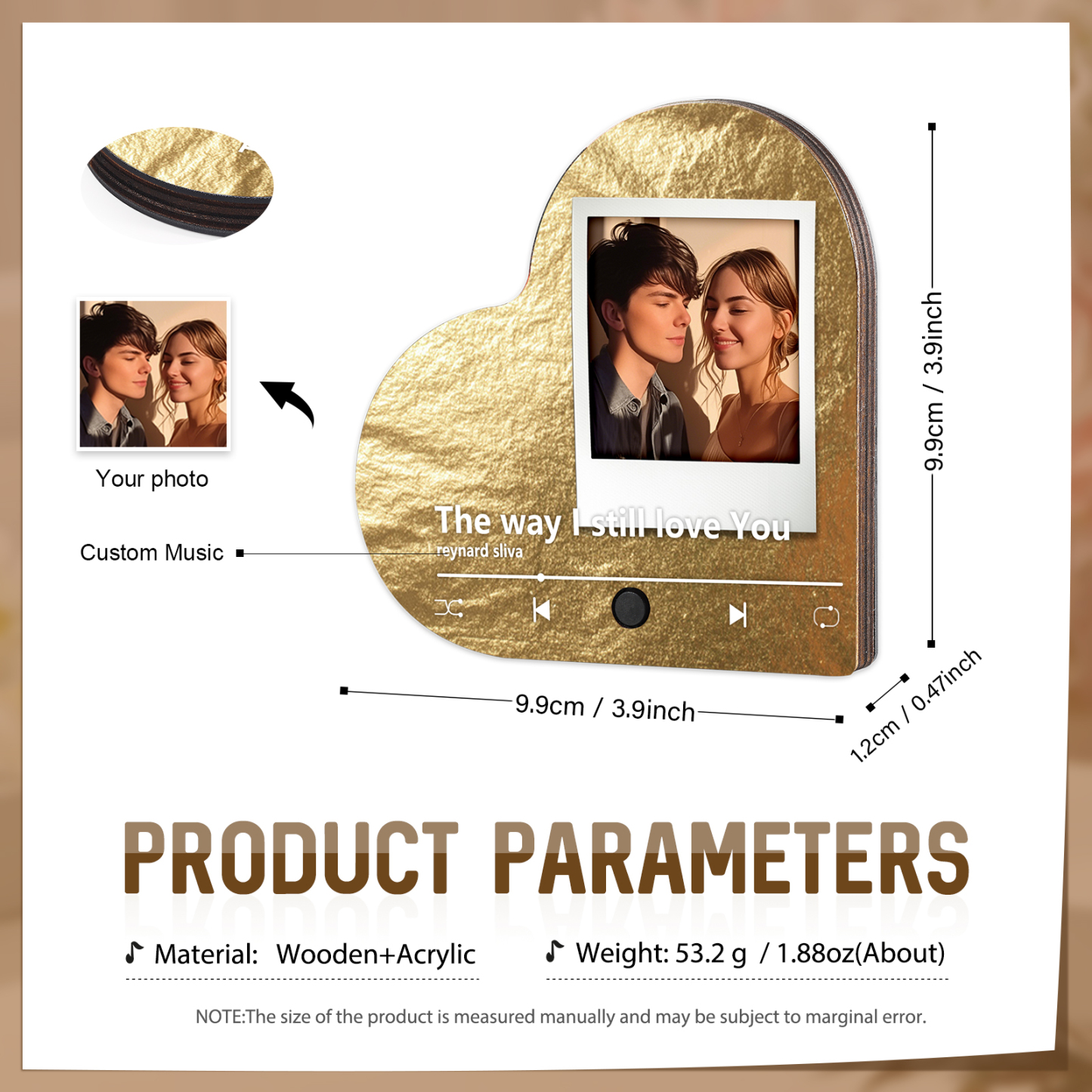 Personalisiertes 1 Foto & Lied Acryl Herz Musik-Kühlschrankmagnet in 4 Stile – Geschenk für Paar