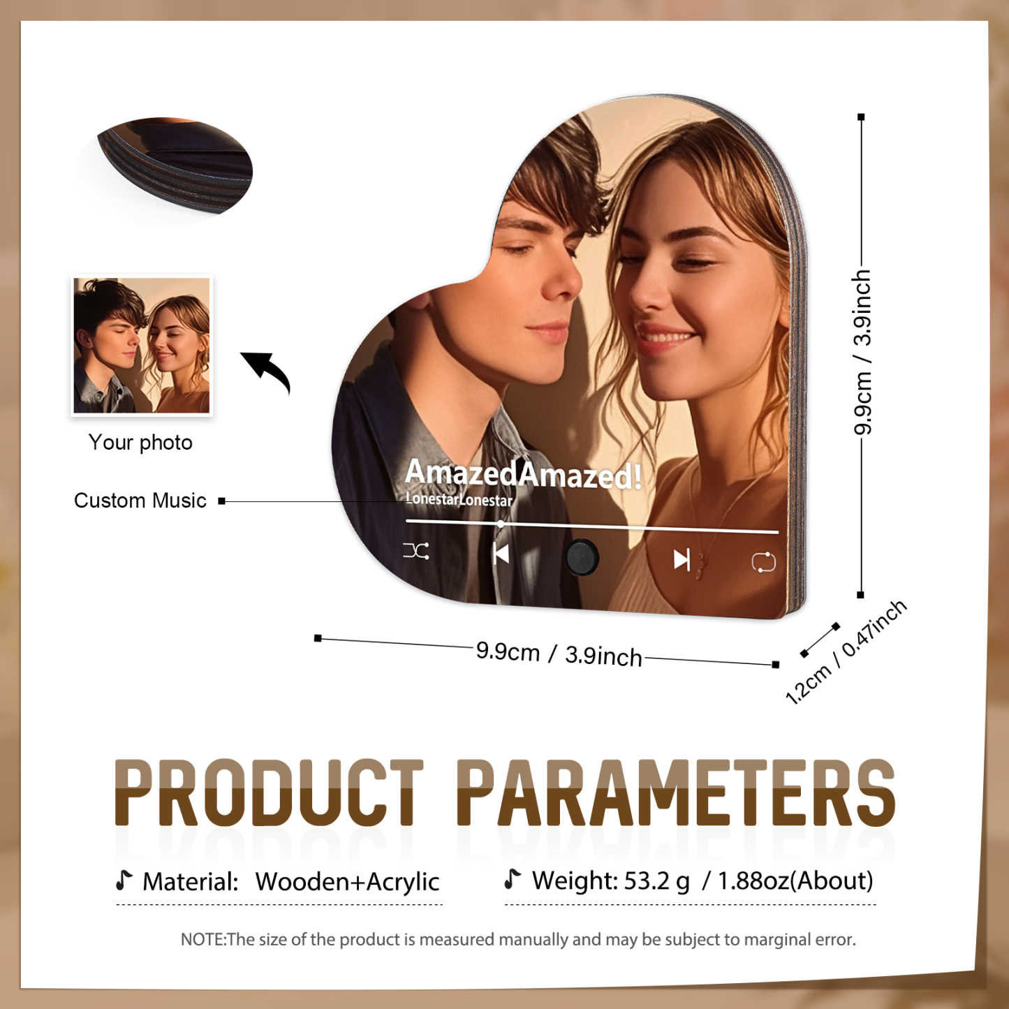 Personalisiertes 1 Foto & Lied Acryl Herz Musik-Kühlschrankmagnet in 4 Stile – Geschenk für Paar