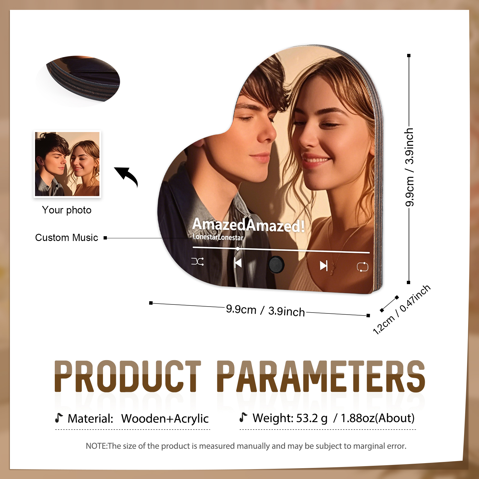 Personalisiertes 1 Foto & Lied Acryl Herz Musik-Kühlschrankmagnet in 4 Stile – Geschenk für Paar