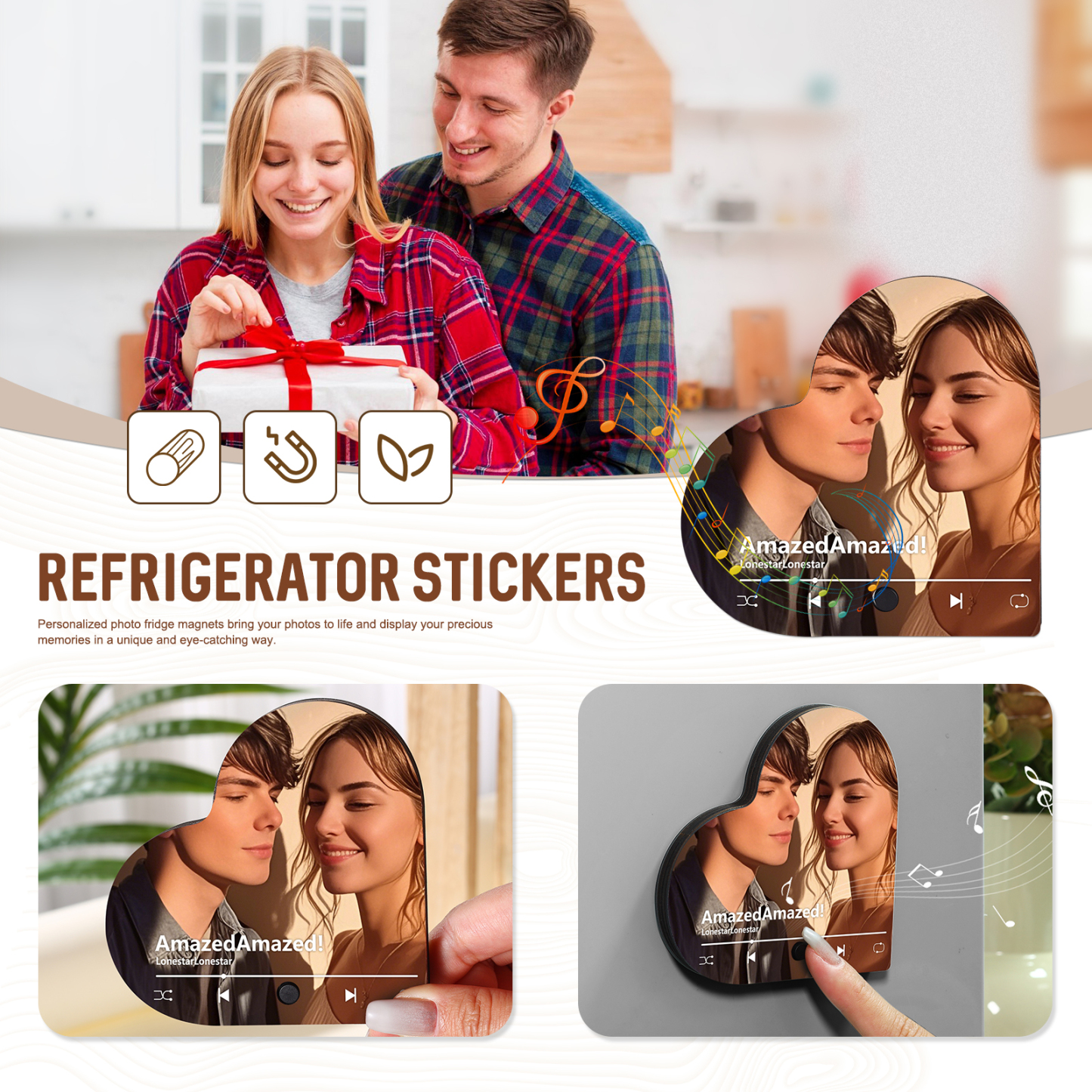 Personalisiertes 1 Foto & Lied Acryl Herz Musik-Kühlschrankmagnet in 4 Stile – Geschenk für Paar