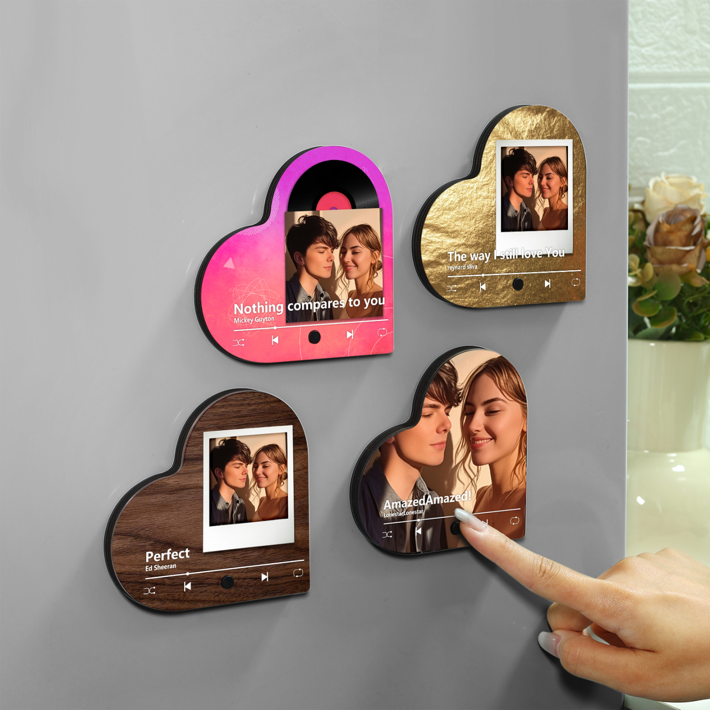 Personalisiertes 1 Foto & Lied Acryl Herz Musik-Kühlschrankmagnet in 4 Stile – Geschenk für Paar