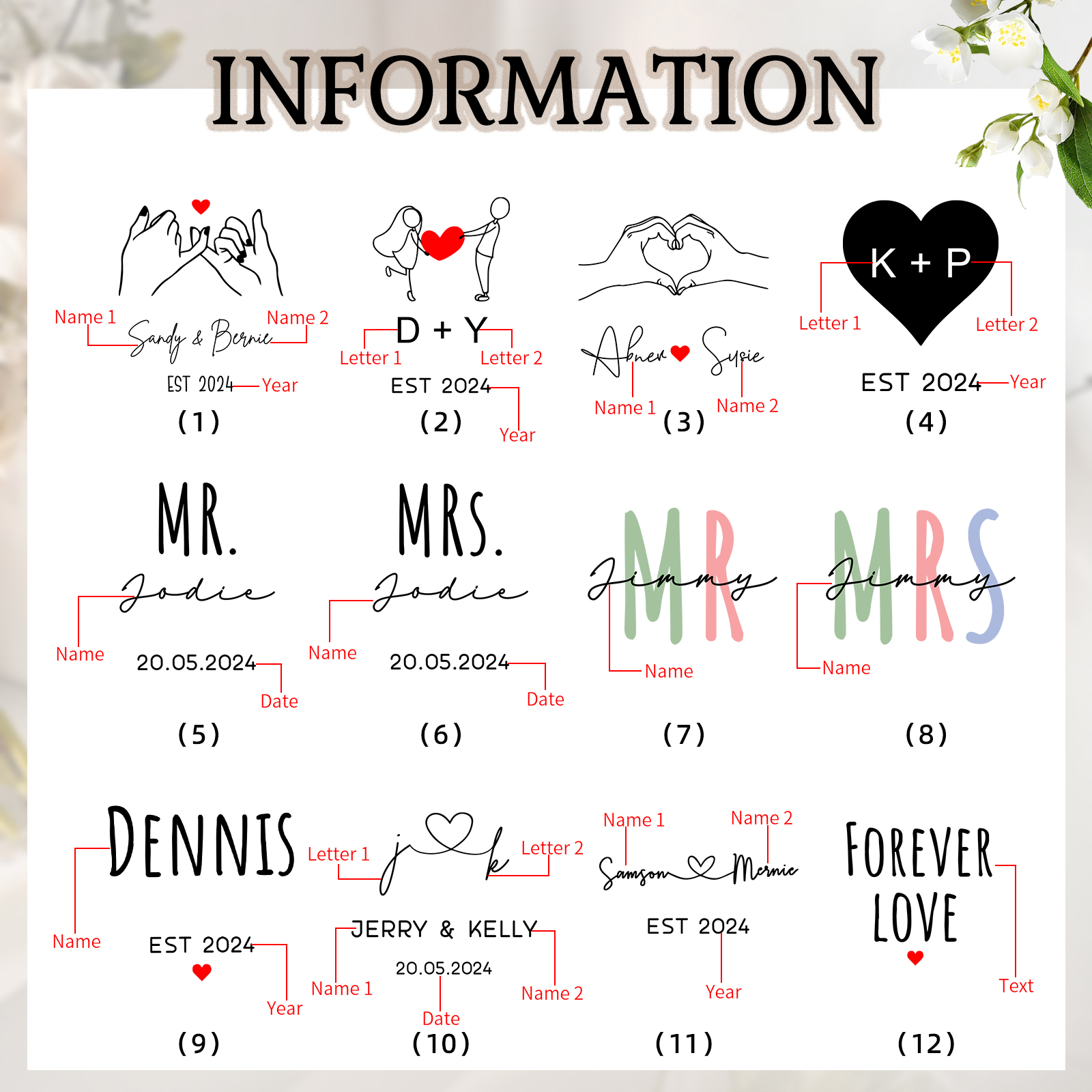 Personalisierte 2 Namen & Buchstaben & Datum & Jahr & Text Hand-in-Hand Keramik Mark-Tasse in 7 Farben & 12 Stile – Einzigartiges Geschenk für Paar