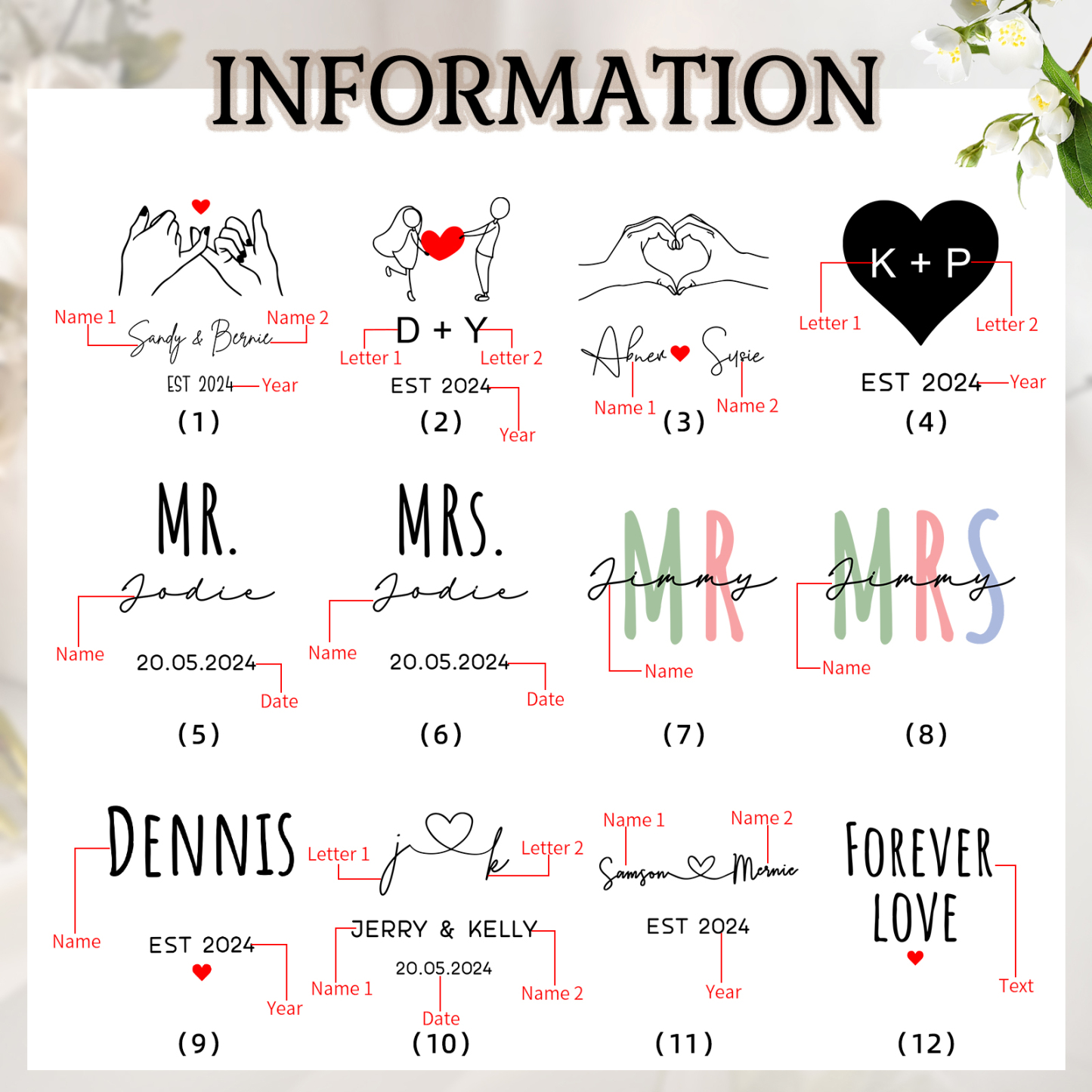 Personalisierte 2 Namen & Buchstaben & Datum & Jahr & Text Hand-in-Hand Keramik Mark-Tasse in 7 Farben & 12 Stile – Einzigartiges Geschenk für Paar