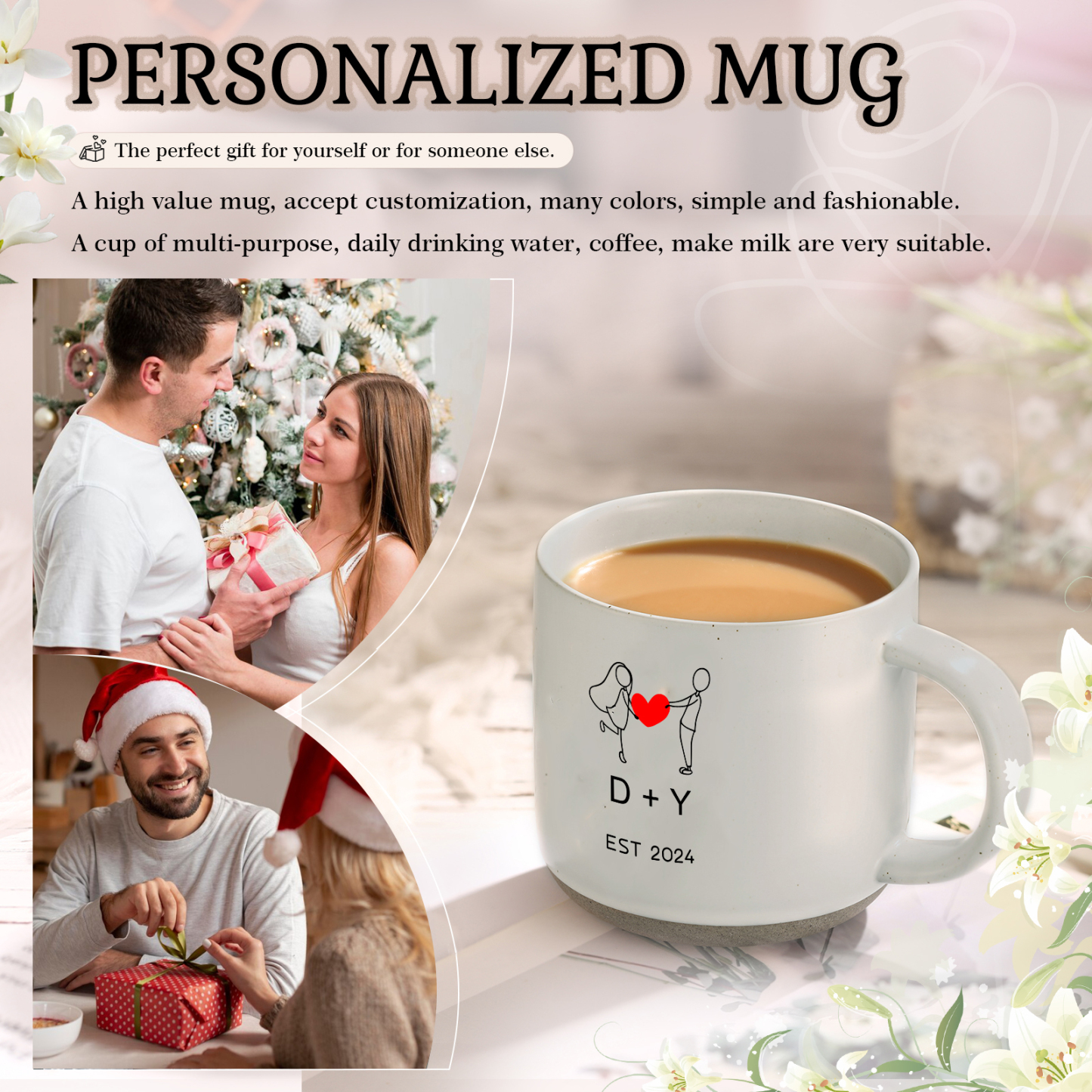 Personalisierte 2 Namen & Buchstaben & Datum & Jahr & Text Hand-in-Hand Keramik Mark-Tasse in 7 Farben & 12 Stile – Einzigartiges Geschenk für Paar