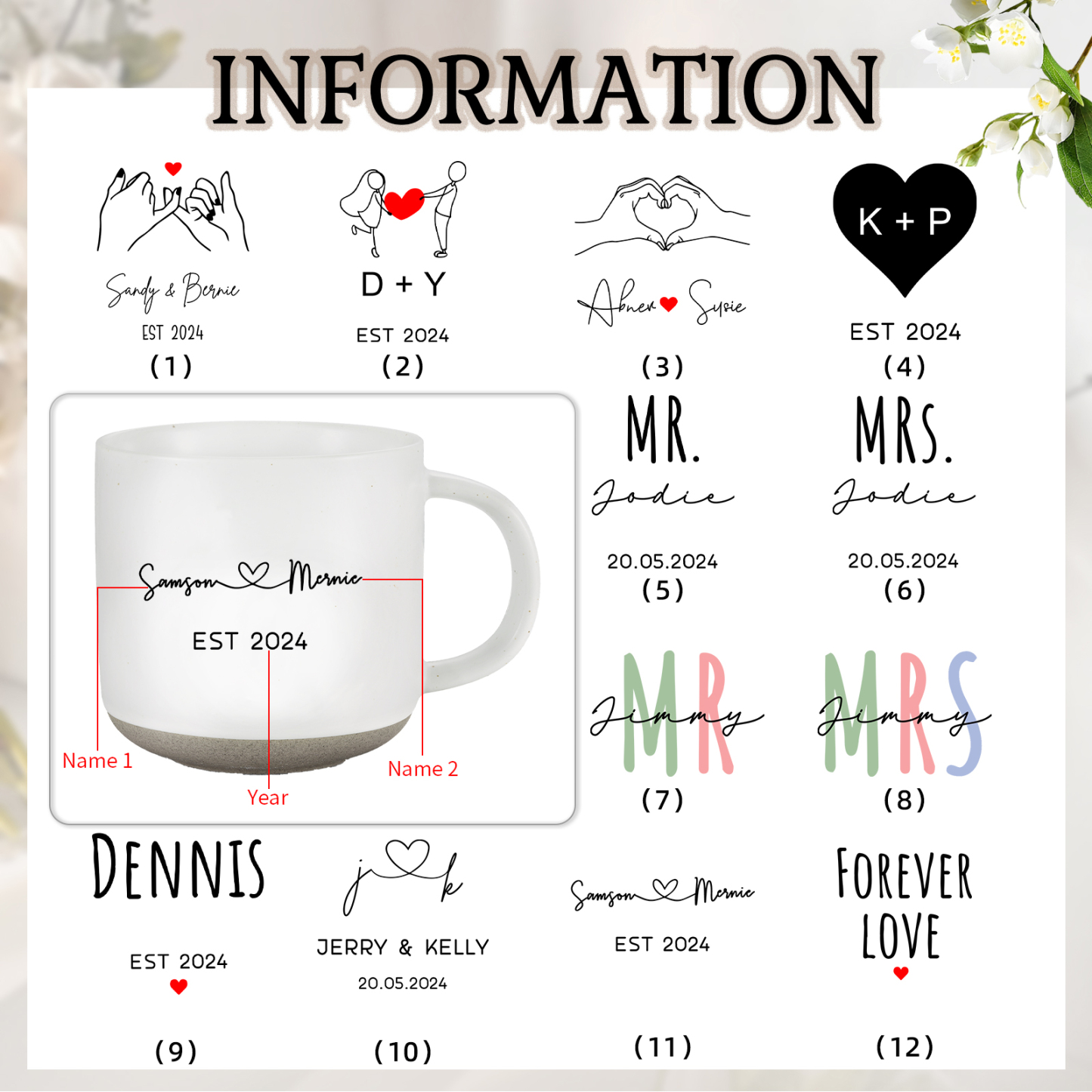 Personalisierte 2 Namen & Buchstaben & Datum & Jahr & Text Hand-in-Hand Keramik Mark-Tasse in 7 Farben & 12 Stile – Einzigartiges Geschenk für Paar