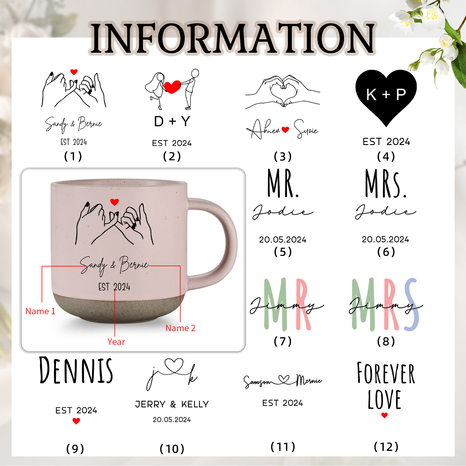 Personalisierte 2 Namen & Buchstaben & Datum & Jahr & Text Hand-in-Hand Keramik Mark-Tasse in 7 Farben & 12 Stile – Einzigartiges Geschenk für Paar