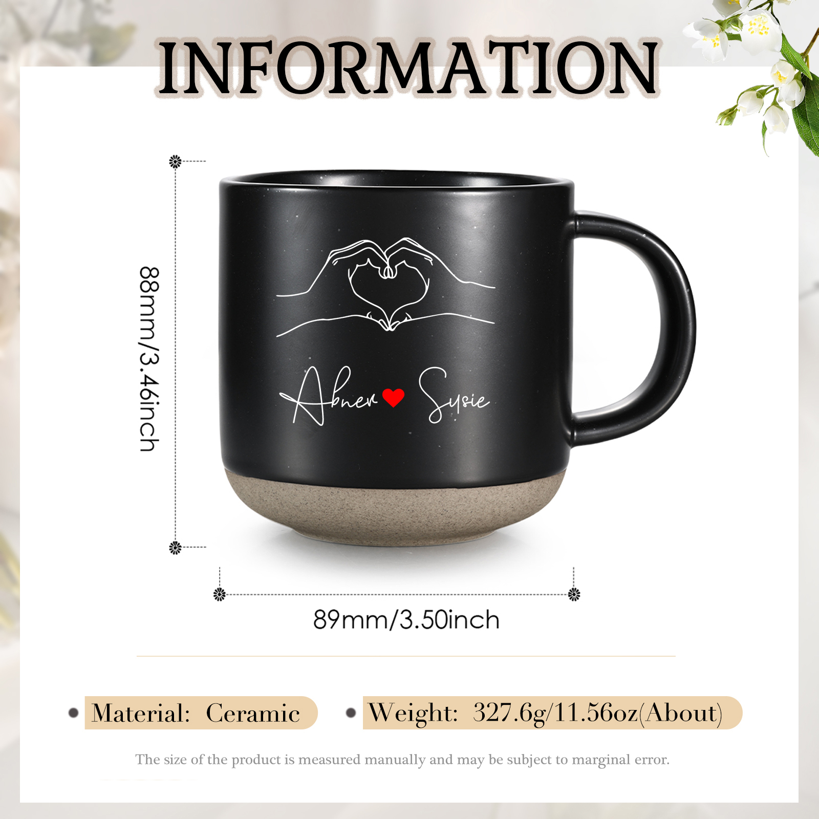 Personalisierte 2 Namen & Buchstaben & Datum & Jahr & Text Hand-in-Hand Keramik Mark-Tasse in 7 Farben & 12 Stile – Einzigartiges Geschenk für Paar