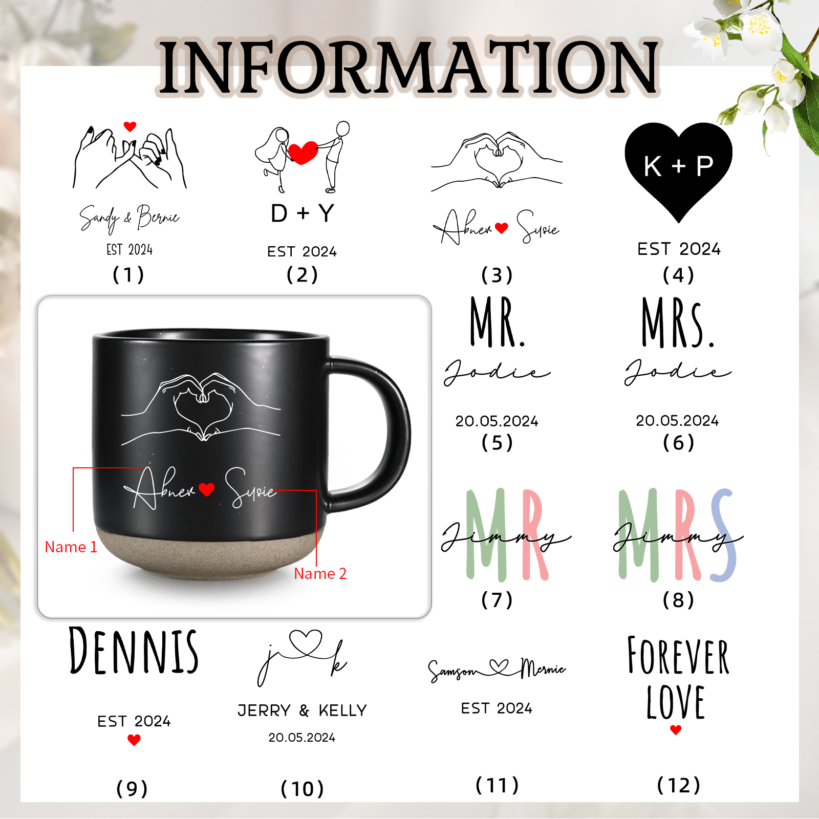 Personalisierte 2 Namen & Buchstaben & Datum & Jahr & Text Hand-in-Hand Keramik Mark-Tasse in 7 Farben & 12 Stile – Einzigartiges Geschenk für Paar