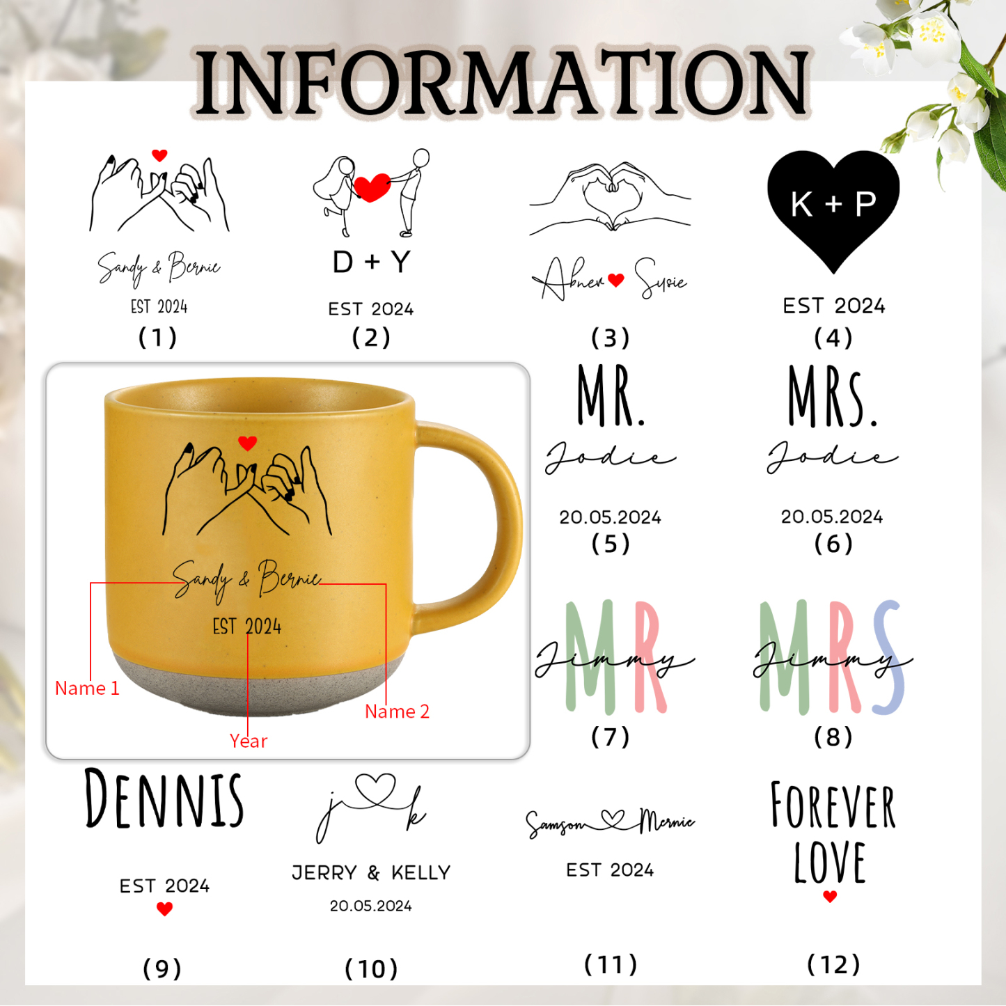 Personalisierte 2 Namen & Buchstaben & Datum & Jahr & Text Hand-in-Hand Keramik Mark-Tasse in 7 Farben & 12 Stile – Einzigartiges Geschenk für Paar