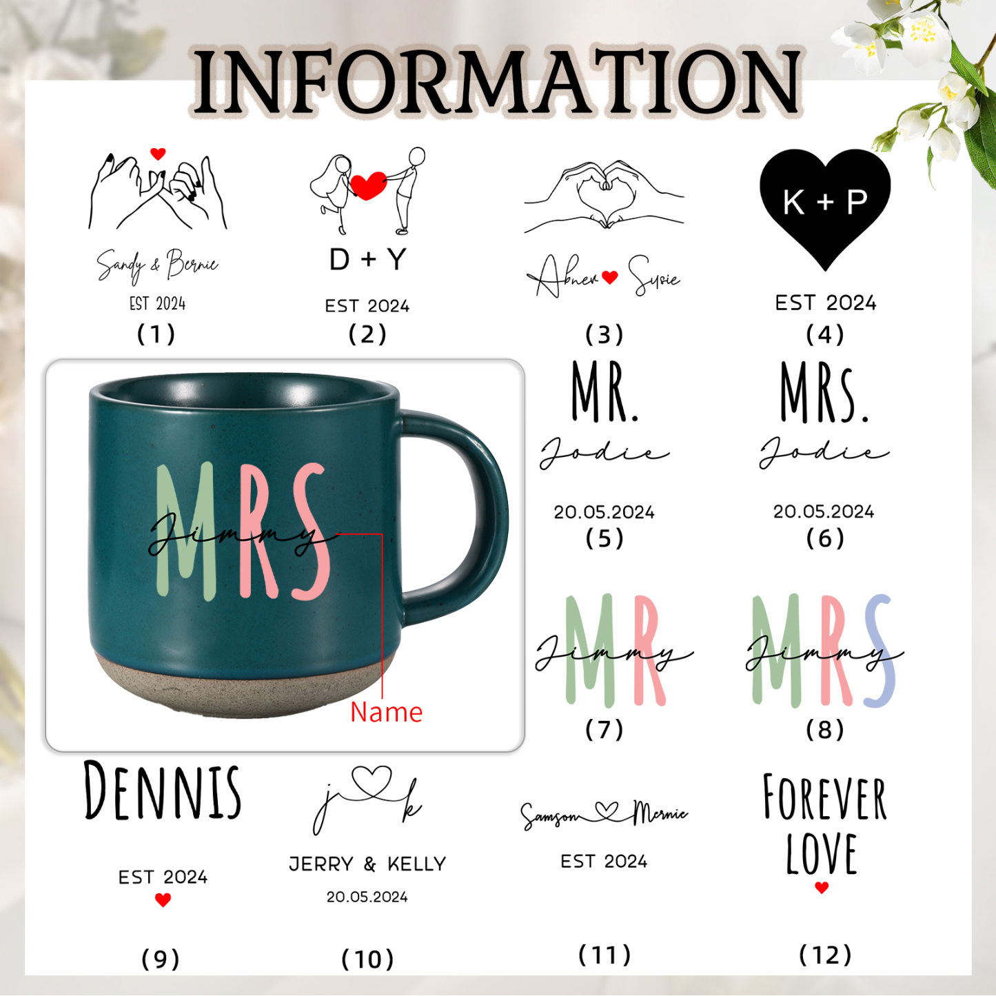 Personalisierte 2 Namen & Buchstaben & Datum & Jahr & Text Hand-in-Hand Keramik Mark-Tasse in 7 Farben & 12 Stile – Einzigartiges Geschenk für Paar