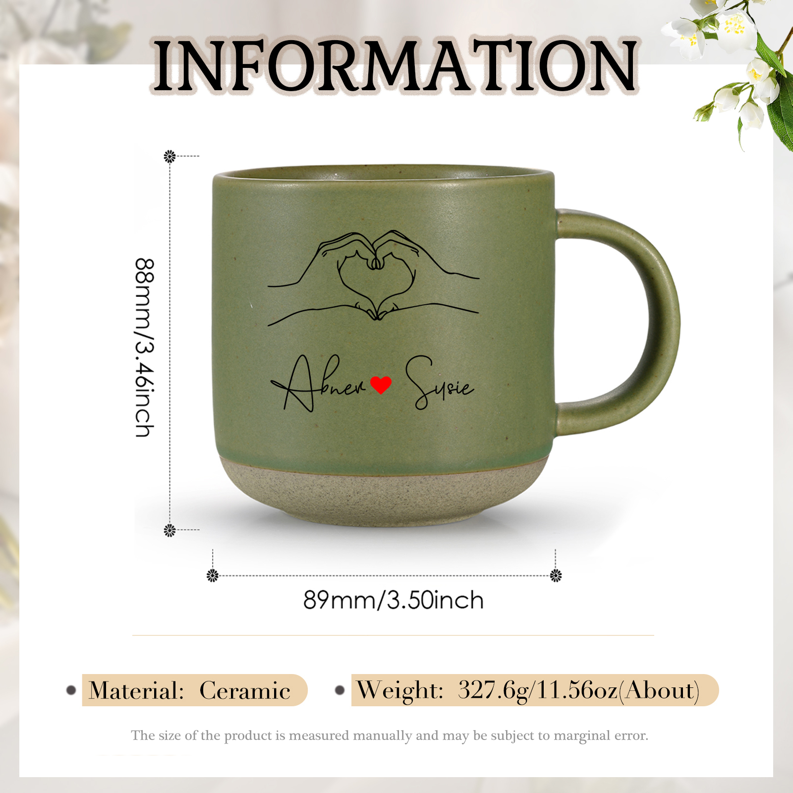 Personalisierte 2 Namen & Buchstaben & Datum & Jahr & Text Hand-in-Hand Keramik Mark-Tasse in 7 Farben & 12 Stile – Einzigartiges Geschenk für Paar