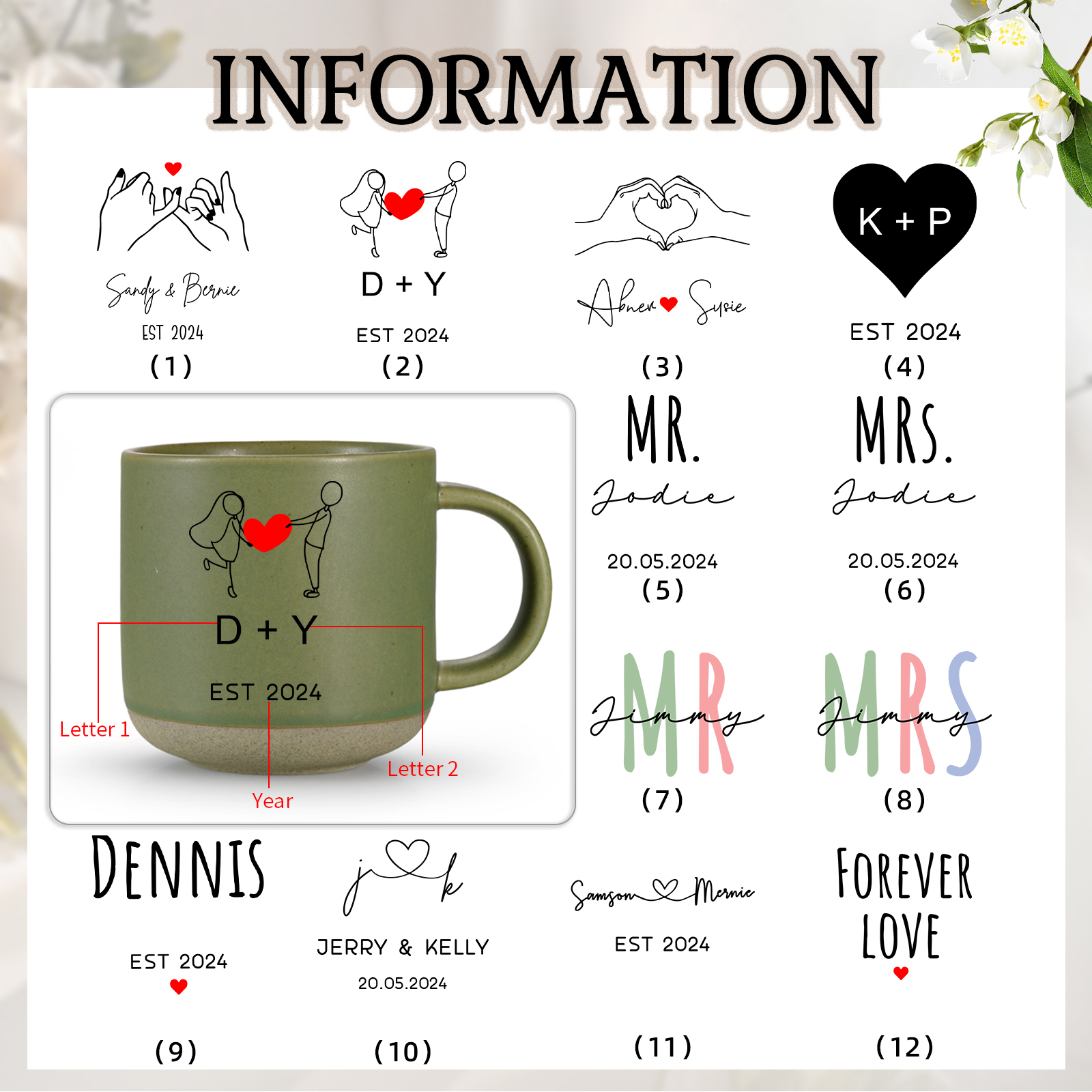 Personalisierte 2 Namen & Buchstaben & Datum & Jahr & Text Hand-in-Hand Keramik Mark-Tasse in 7 Farben & 12 Stile – Einzigartiges Geschenk für Paar