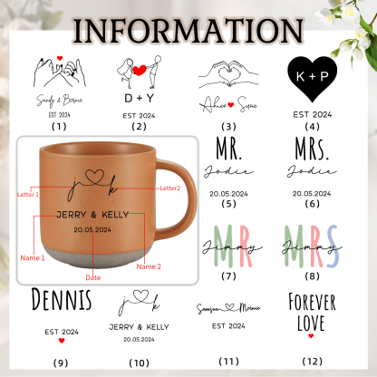 Personalisierte 2 Namen & Buchstaben & Datum & Jahr & Text Hand-in-Hand Keramik Mark-Tasse in 7 Farben & 12 Stile – Einzigartiges Geschenk für Paar