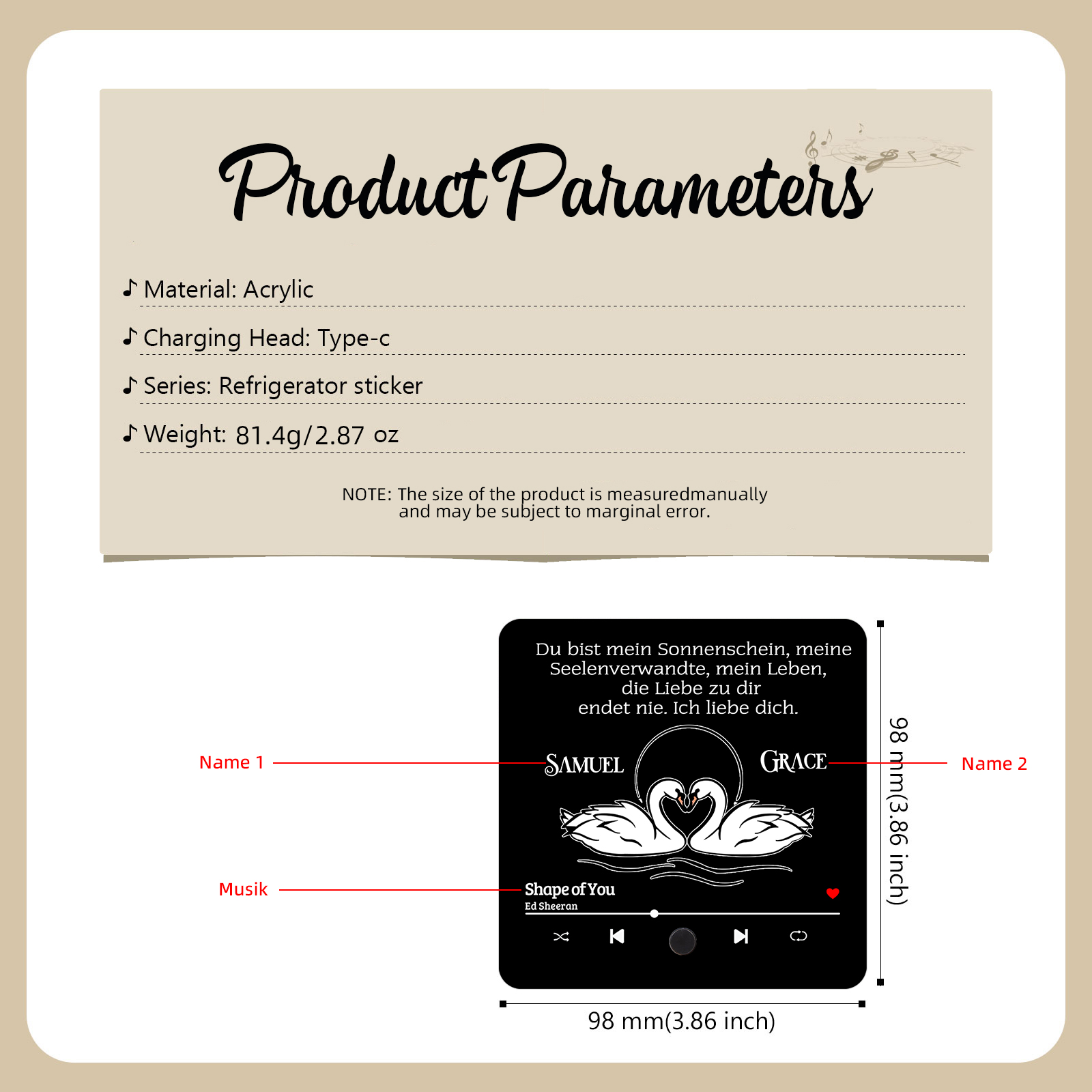 Personalisierte Musik-Kühlschrankmagnet mit Lied & 2 Namen – Romantisches Geschenk für Paare