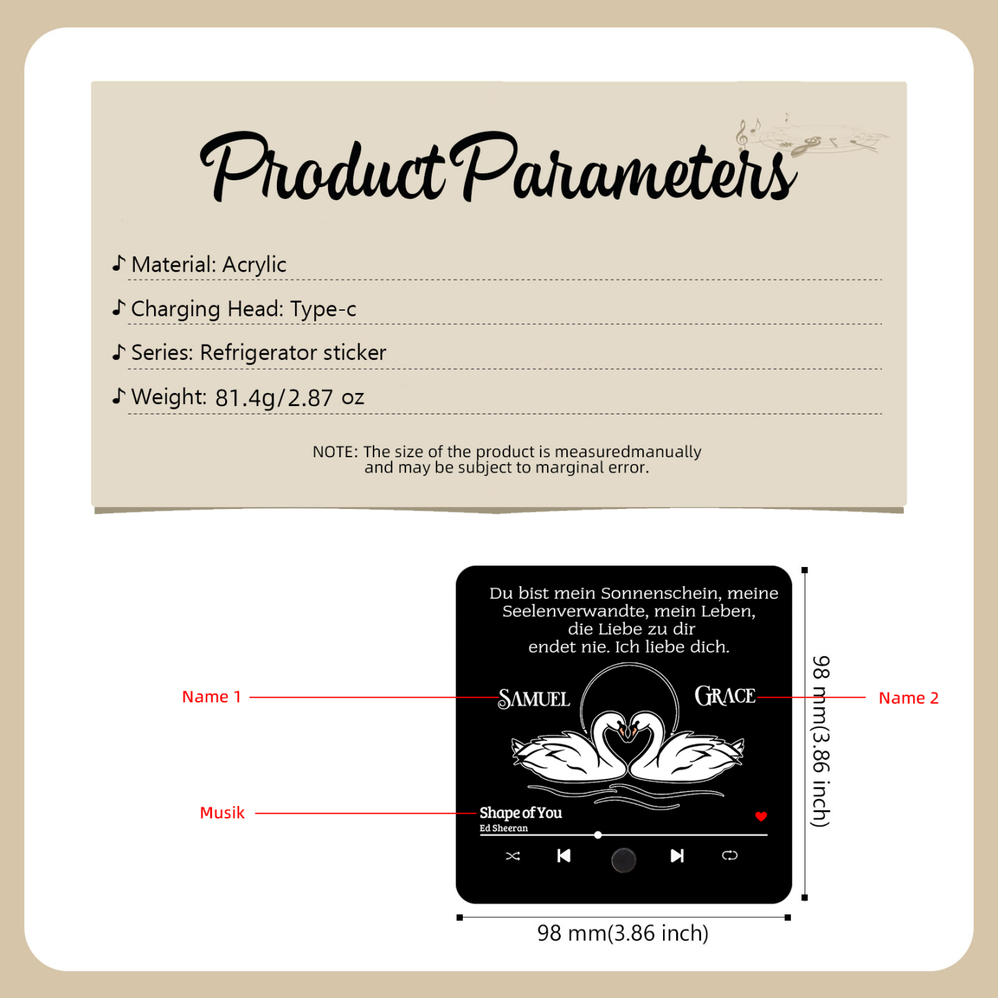 Personalisierte Musik-Kühlschrankmagnet mit Lied & 2 Namen – Romantisches Geschenk für Paare