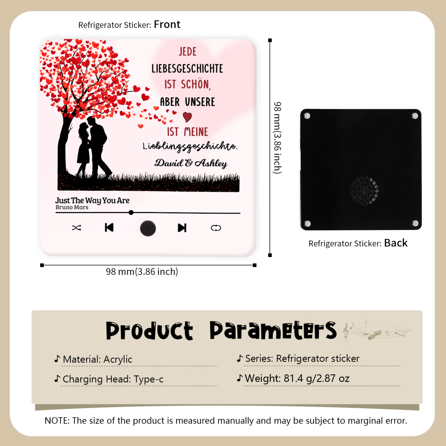 Personalisierte mit Lied & 2 Namen Musik-Kühlschrankmagnet – Romantisches Geschenk für Paare