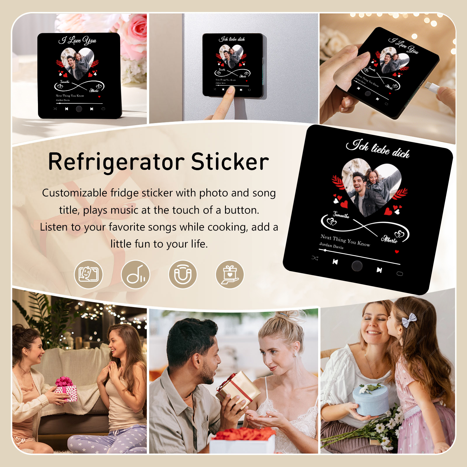 Personalisiertes Foto & Lied & 2 Namen Acryl Holz Kühlschrankmagnet mit Musikfunktion Ich liebe dich Geschenk für Paar