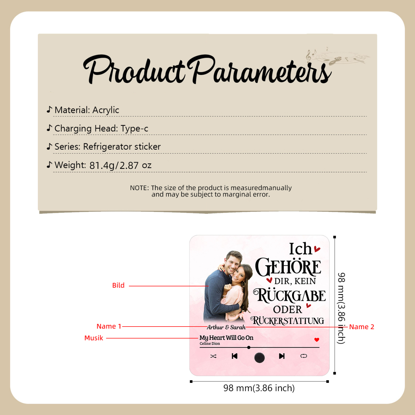 Personalisiertes Foto & Lied & 2 Namen Acryl Holz Kühlschrankmagnet mit Musikfunktion Ich gehöre dir keine Rückgabe oder Rückerstattung Geschenk für Paar