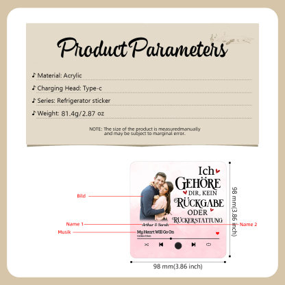 Personalisiertes Foto & Lied & 2 Namen Acryl Holz Kühlschrankmagnet mit Musikfunktion Ich gehöre dir keine Rückgabe oder Rückerstattung Geschenk für Paar