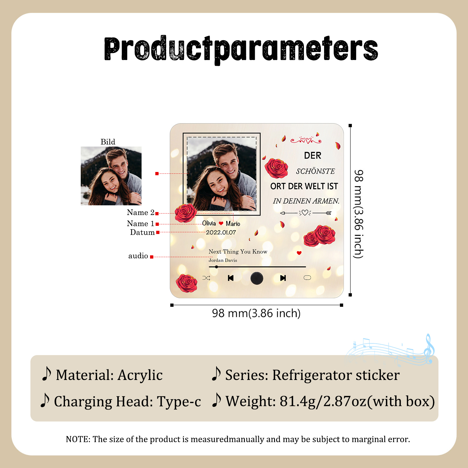 Personalisierte Musik-Kühlschrankmagnet mit Foto & Lied & Datum & 2 Namen – Romantisches Geschenk für Paare