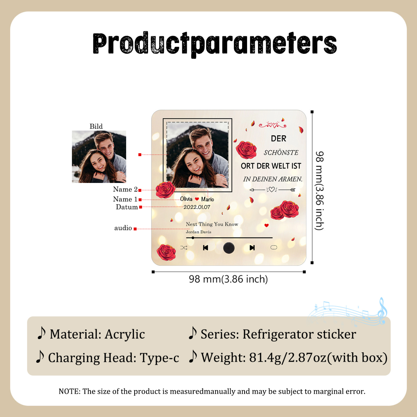 Personalisierte Musik-Kühlschrankmagnet mit Foto & Lied & Datum & 2 Namen – Romantisches Geschenk für Paare