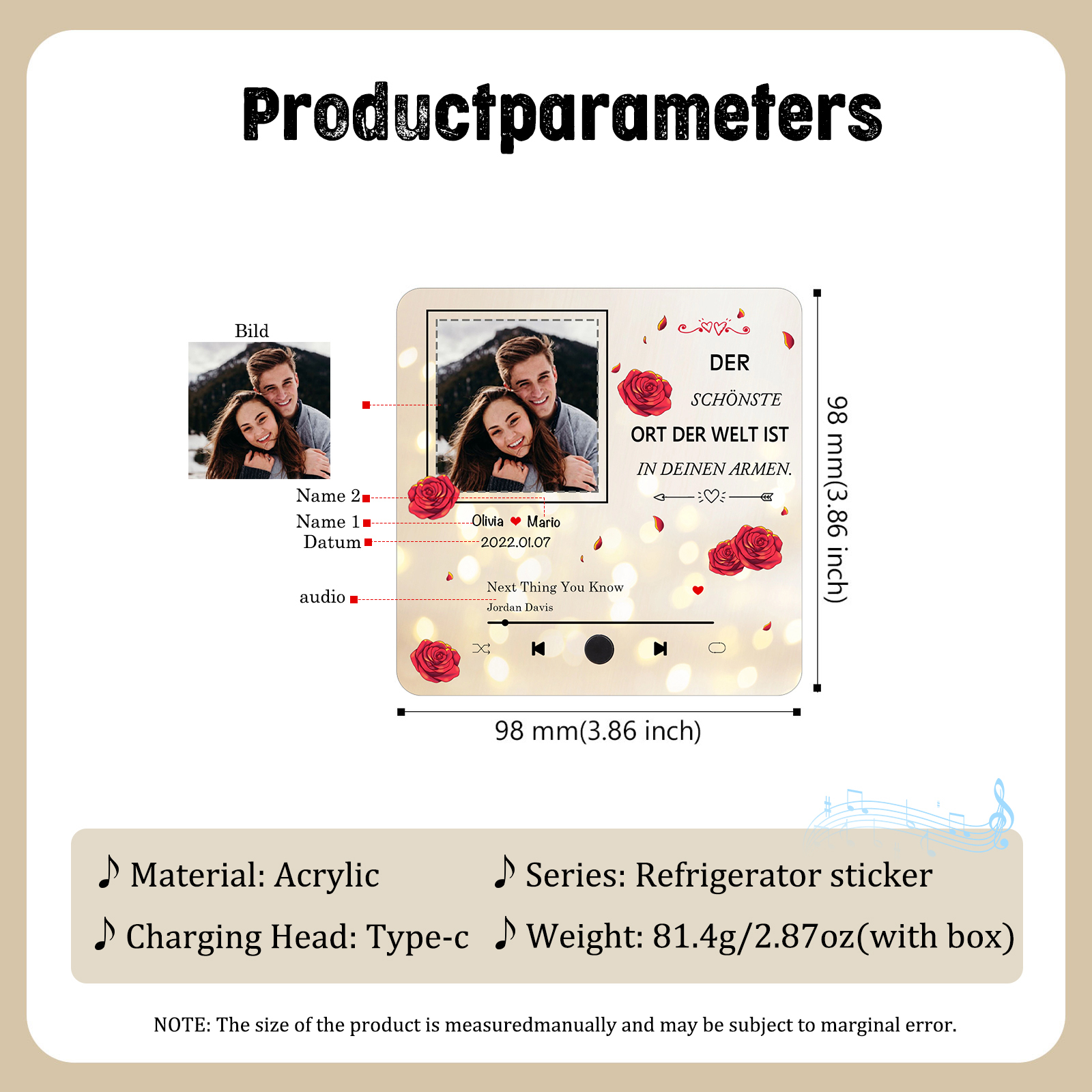 Personalisierte Musik-Kühlschrankmagnet mit Foto & Lied & Datum & 2 Namen – Romantisches Geschenk für Paare