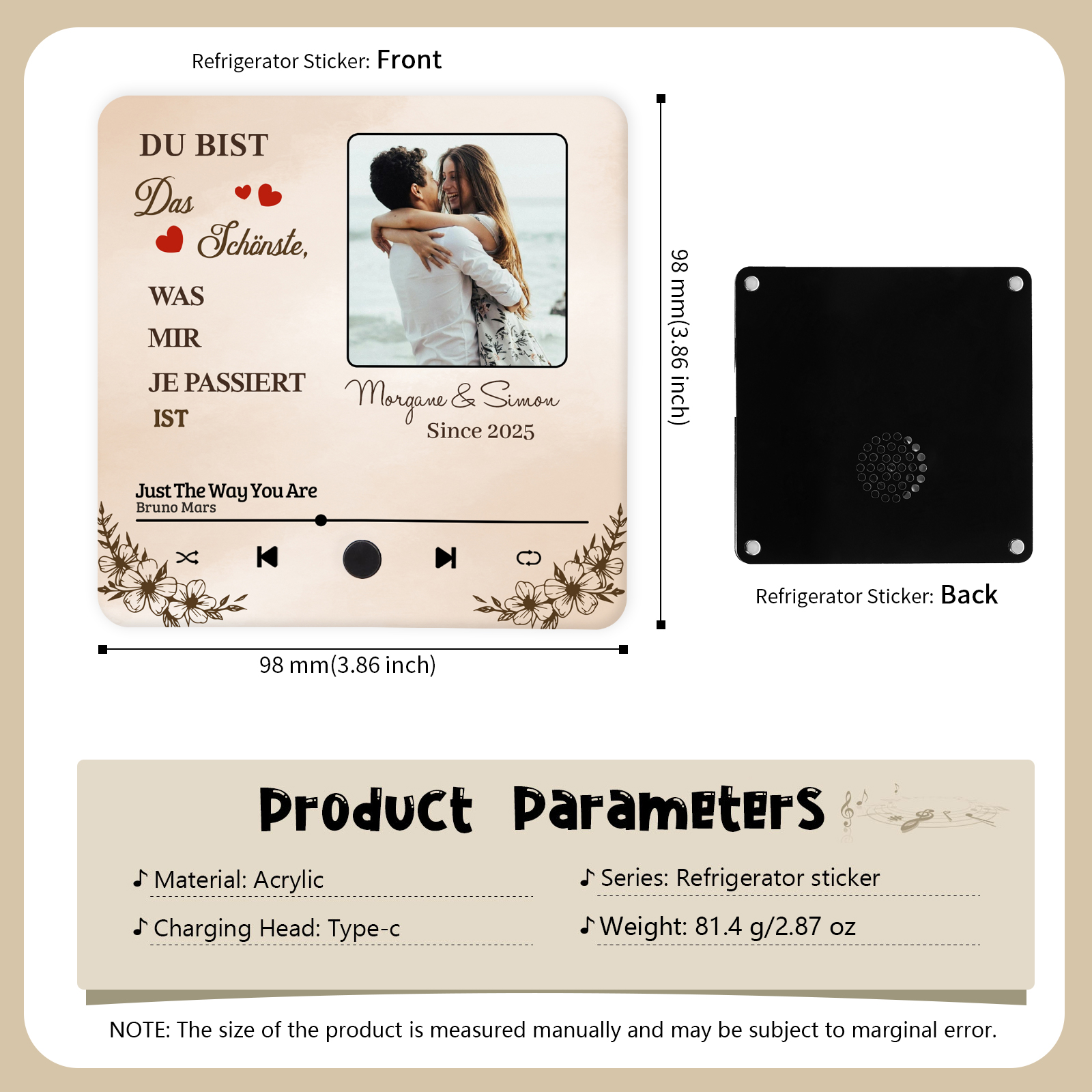 Personalisiertes Foto & Lied & 2 Namen Acryl Holz Kühlschrankmagnet mit Musikfunktion Du bist das Schönste was mir je passiert ist Geschenk für Paar