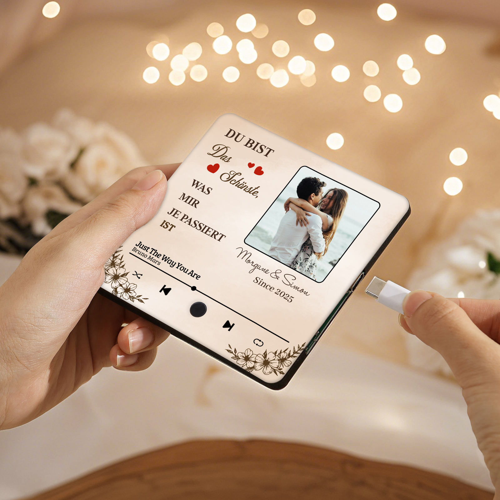 Personalisiertes Foto & Lied & 2 Namen Acryl Holz Kühlschrankmagnet mit Musikfunktion Du bist das Schönste was mir je passiert ist Geschenk für Paar