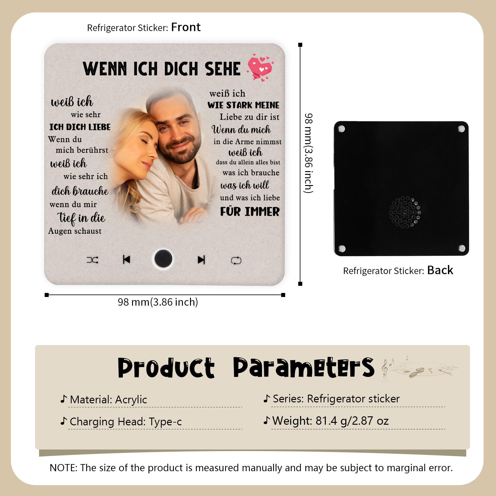 Personalisierte mit Lied & Foto Musik-Kühlschrankmagnet – Romantisches Geschenk für Paar